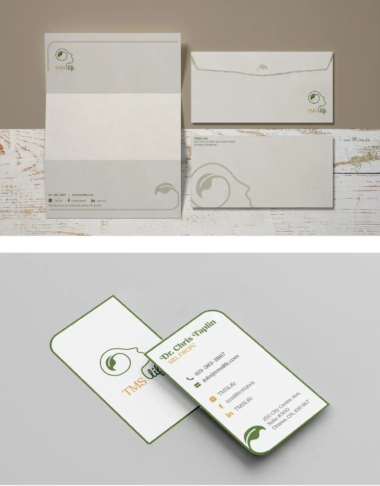 TMS Life branded stationery set including letterhead, envelope, and business cards with a green and gold logo featuring a head profile and leaf design.