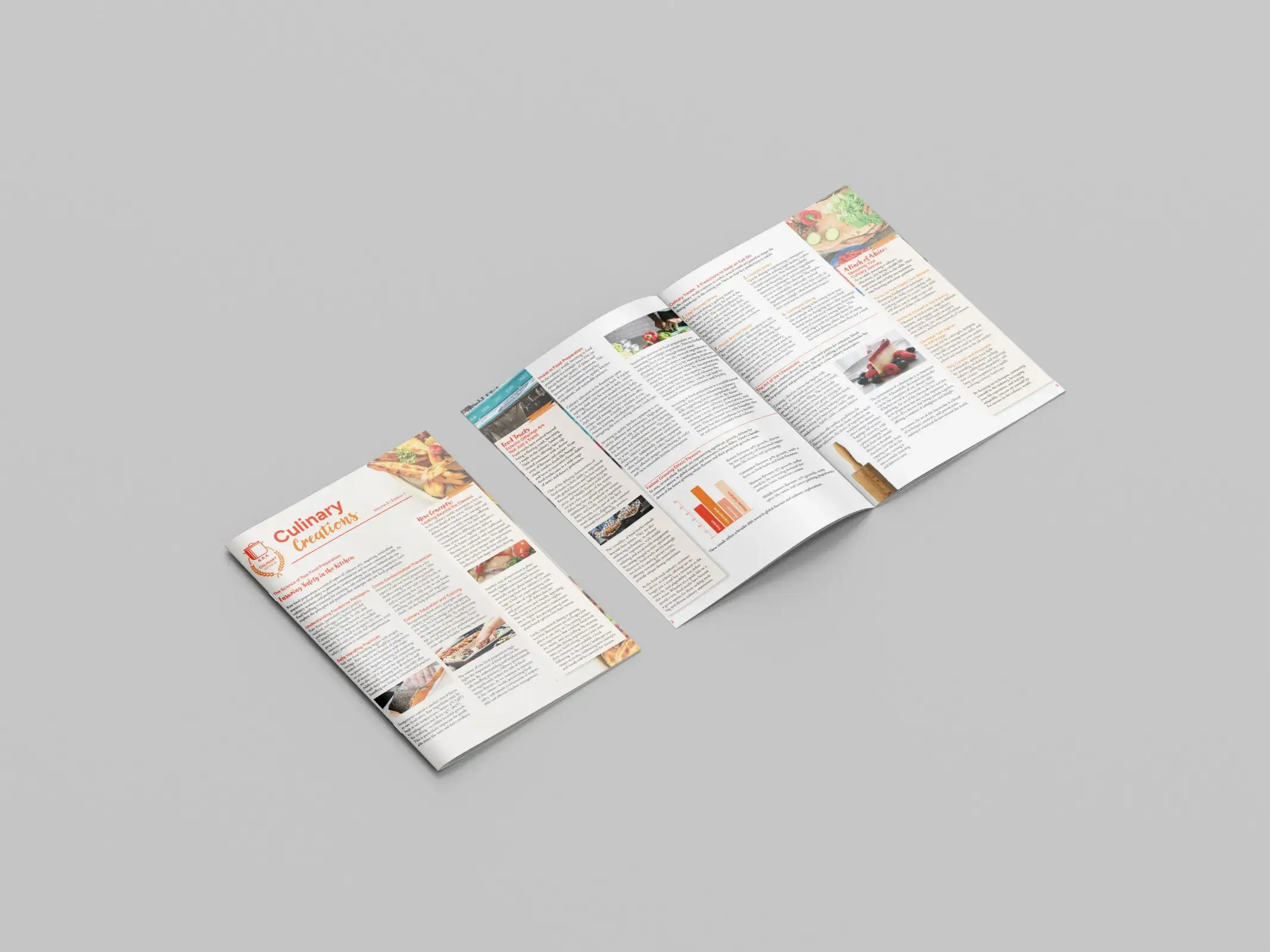 Two-page culinary magazine spread featuring articles, images of food, and a bar graph on a gray background.