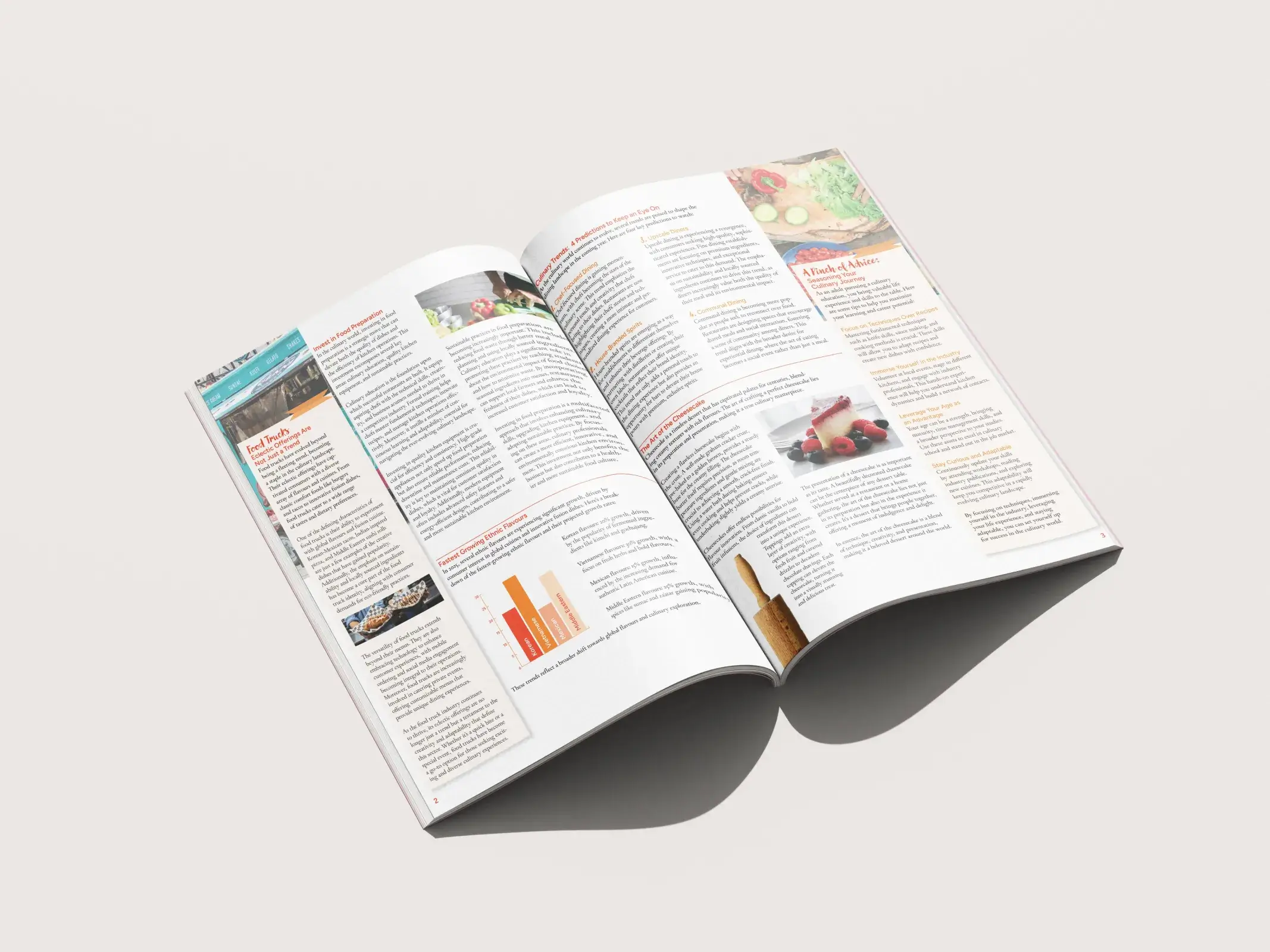 Open magazine showing articles about food preparation, ethnic flavors, and cheesecake with images of food and a bar graph.