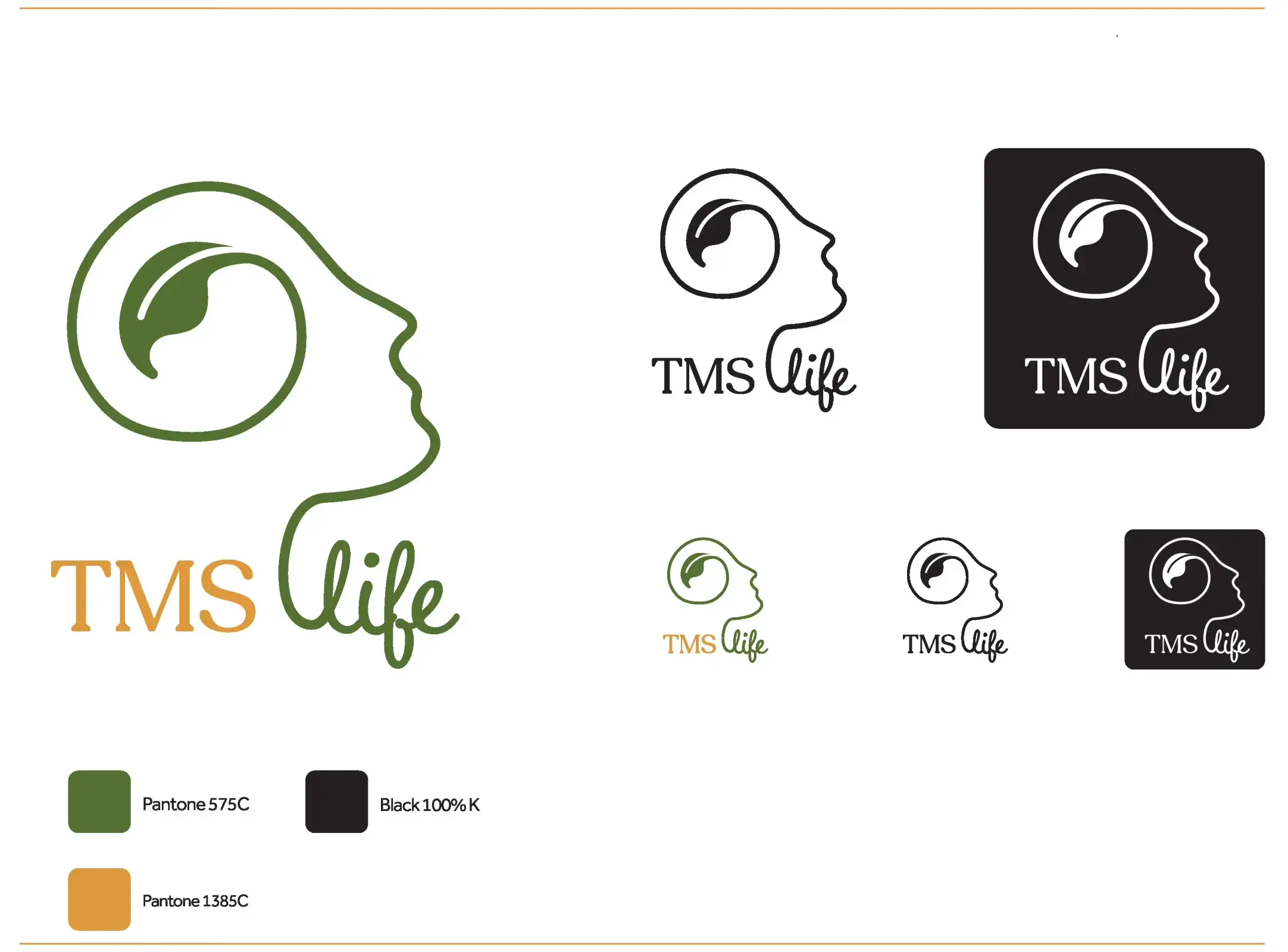 TMS life logo variations featuring a side profile of a head with a spiral and leaf inside, in green, black, and orange tones with Pantone color references.