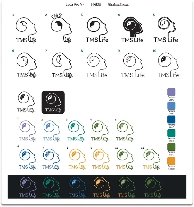 Sheet showing multiple variations of the 'TMS life' logo featuring a profile silhouette with an inner ear shape, displayed in black, white, and various Pantone colours including purple, blue, teal, green, and orange.