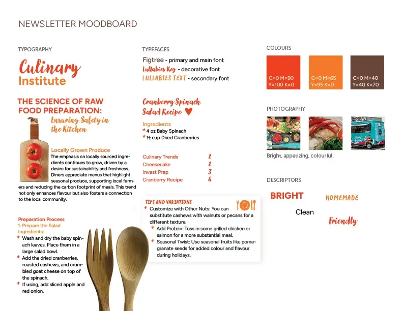Newsletter moodboard displaying typography styles, typefaces, colors with CMYK values, photography examples of food and kitchen scenes, and descriptors like bright, homemade, clean, and friendly