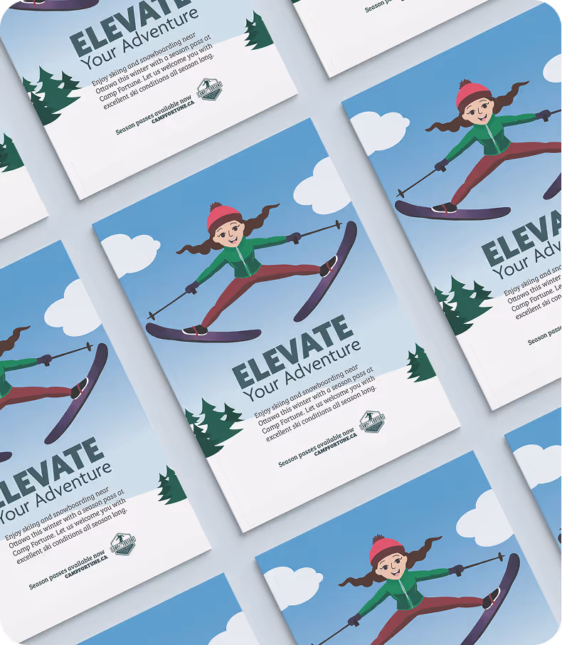 Flyer featuring a cartoon girl skiing mid-jump with text 'Elevate Your Adventure' promoting skiing and snowboarding near Ottawa.
