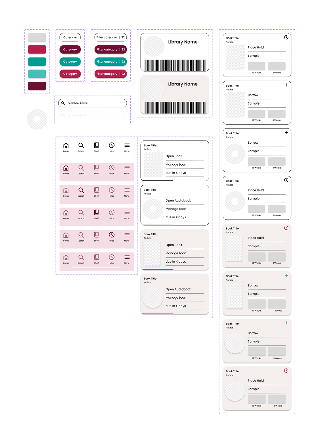 UI design components with color palette, buttons, search bars, library cards with barcodes, navigation menus, and book loan/borrow status cards.