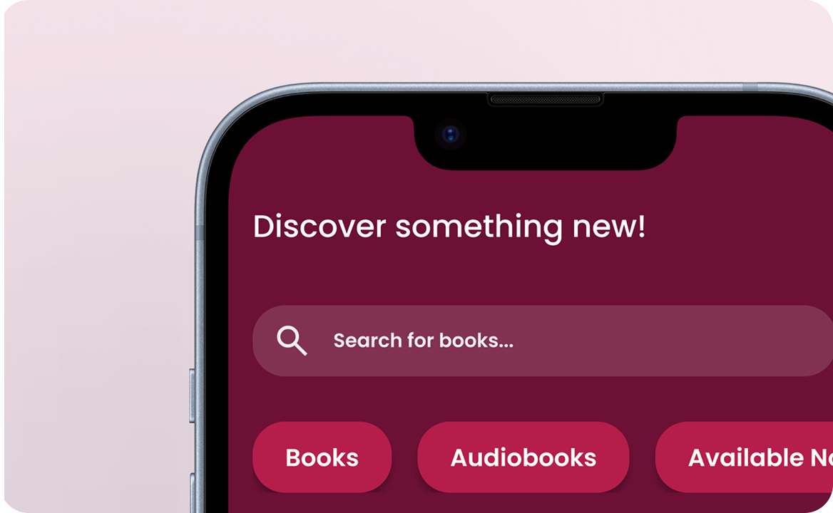 Top portion of a smartphone screen with a maroon app interface showing 'Discover something new!' text, a search bar labelled 'Search for books', and buttons labelled 'Books,' 'Audiobooks,' and partially visible 'Available Now'.