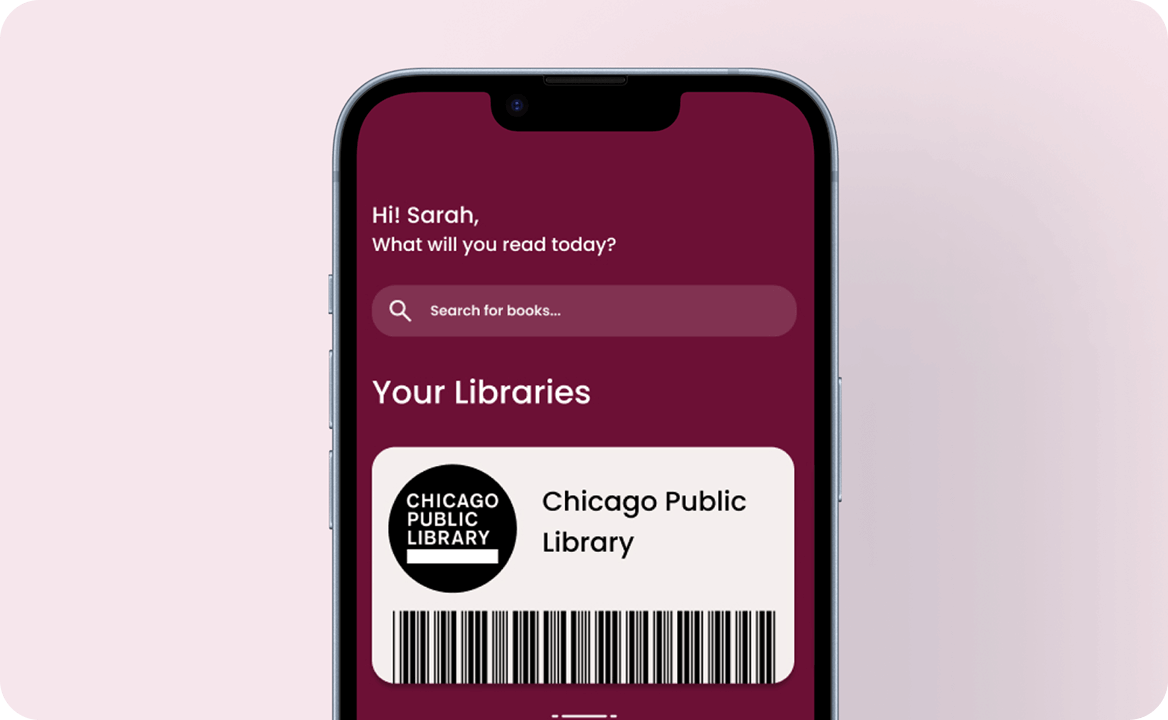 Mobile phone screen showing a library app greeting Sarah, with a search bar and a digital Chicago Public Library card featuring a barcode.