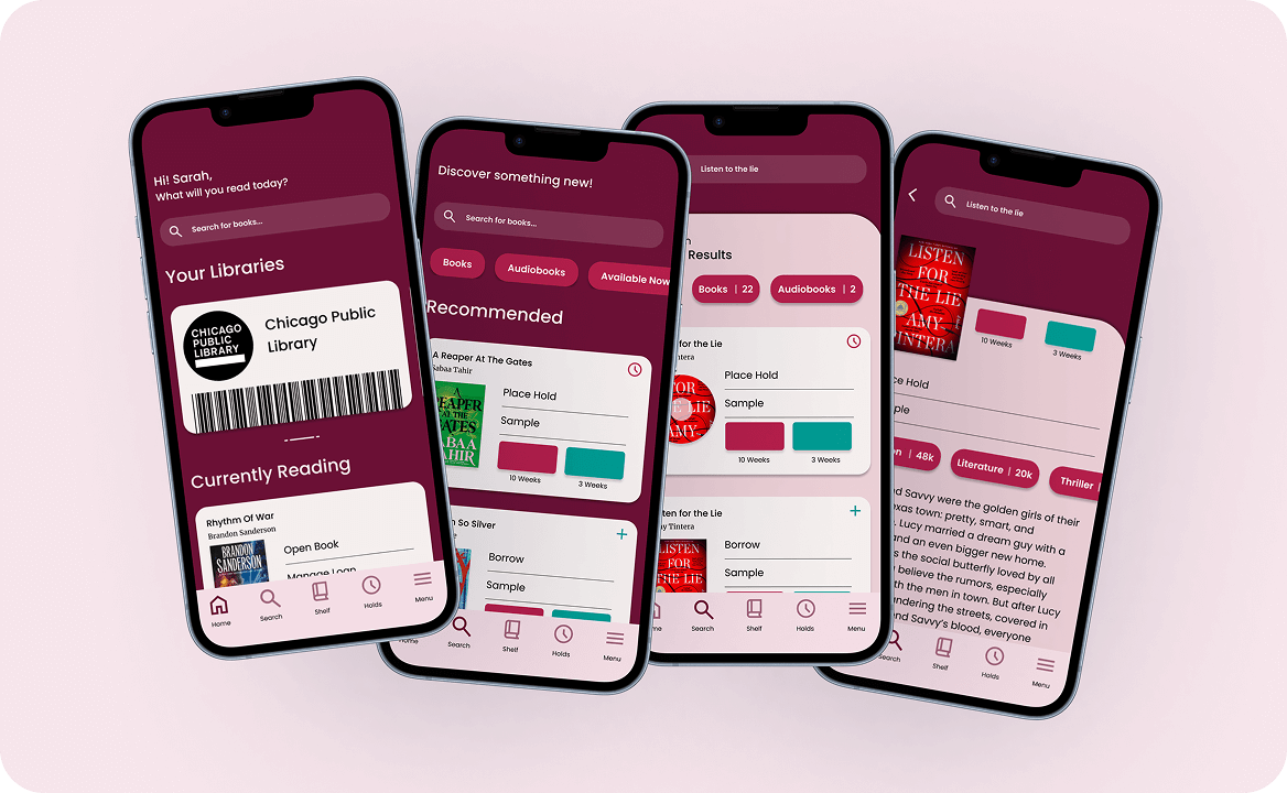 Four smartphones displaying a library app with book search, library card, recommended books, and book details screens on a pink background.