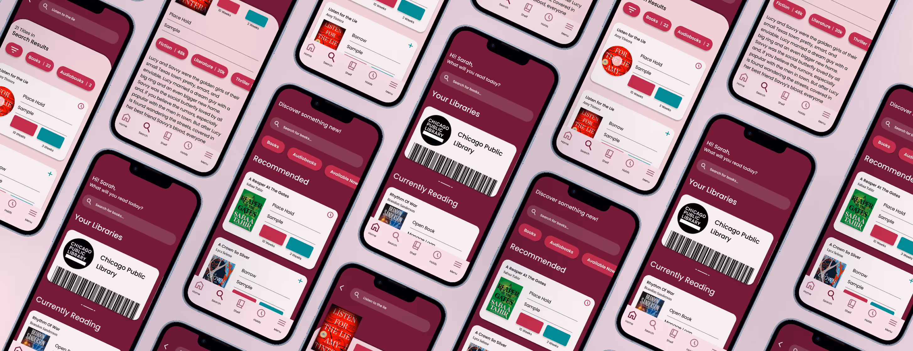Pattern of multiple smartphones showing various screens of a library app with book search, recommendations, current reading, and borrowing features.