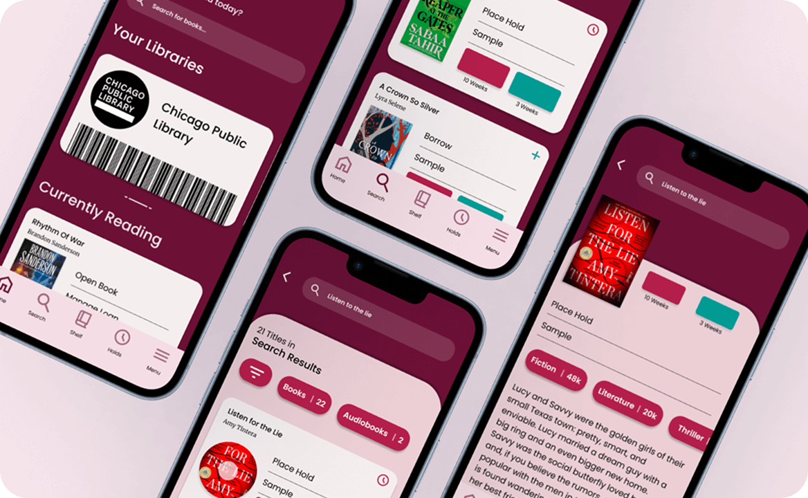 Four smartphones displaying a library app with search results, book holds, and Chicago Public Library card.