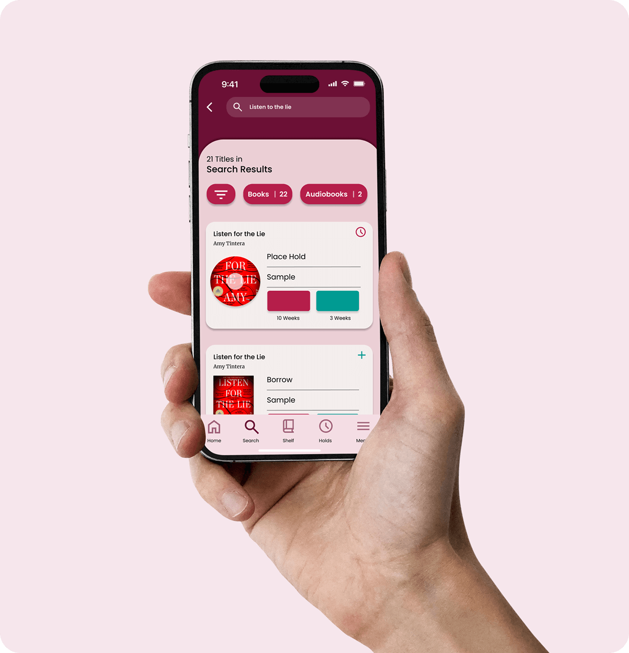 Hand holding smartphone displaying a library app search result for 'Listen to the lie' with book options to place hold or borrow.