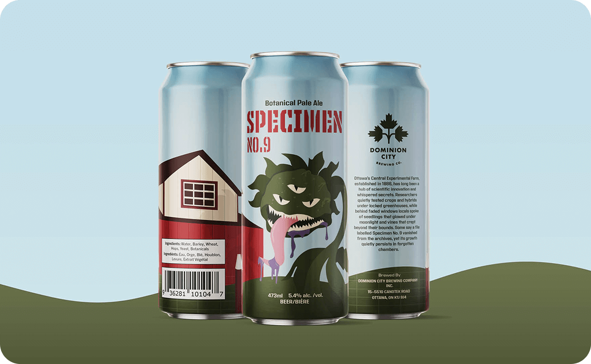 Three cans of Dominion City Brewing Co.'s Specimen No. 9 Botanical Pale Ale with a green monster illustration and a rural barn design on a light blue and olive green background.