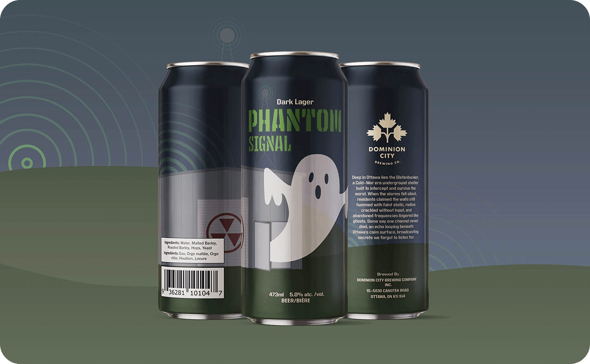 Three cans of Phantom Signal dark lager beer with a ghost illustration and Dominion City Brewing logo on a green and blue gradient background.