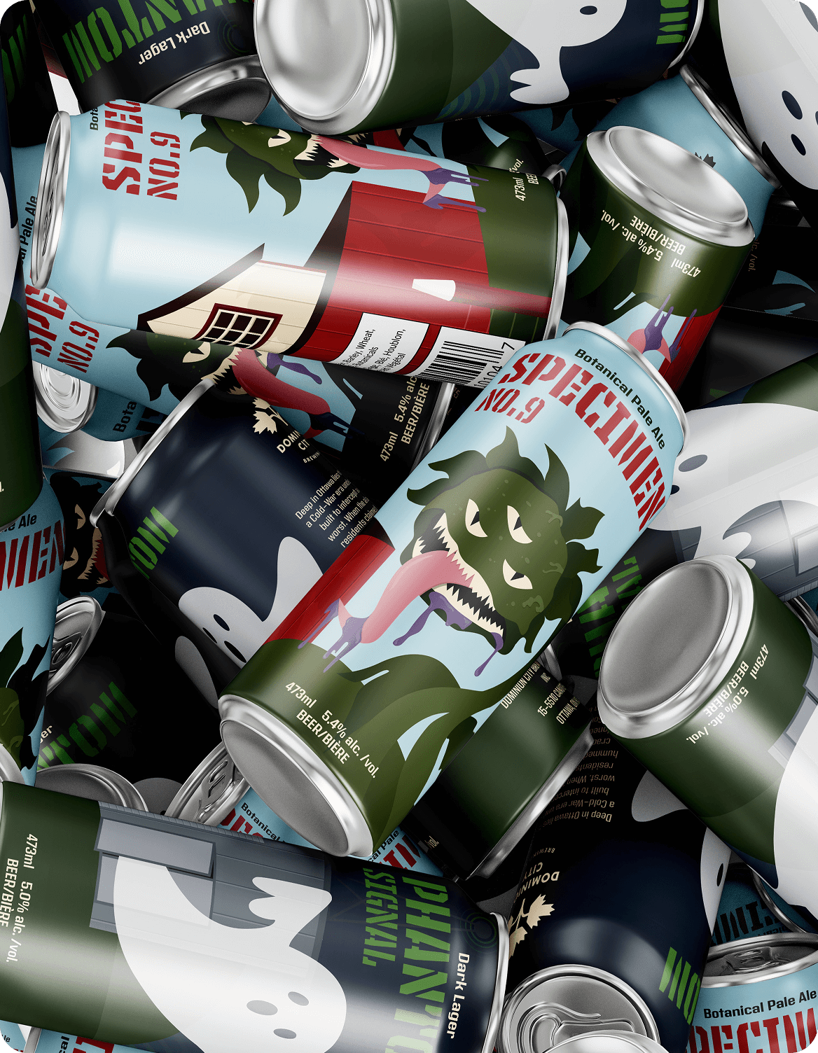 Pile of beer cans with colourful labels featuring a green monster and a white ghost, labelled 'SPECIMEN NO.9' and 'PHANTOM SIGNAL.'