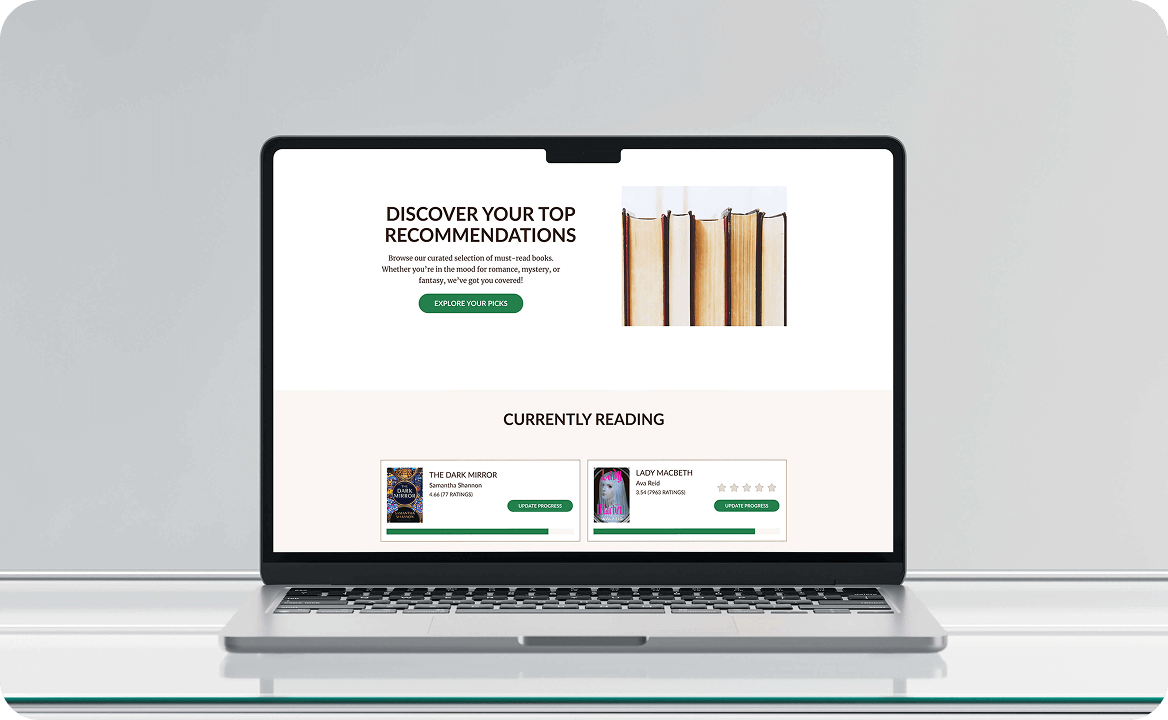 Laptop screen showing a reading recommendations webpage with book covers, titles, authors, ratings, and update progress buttons.
