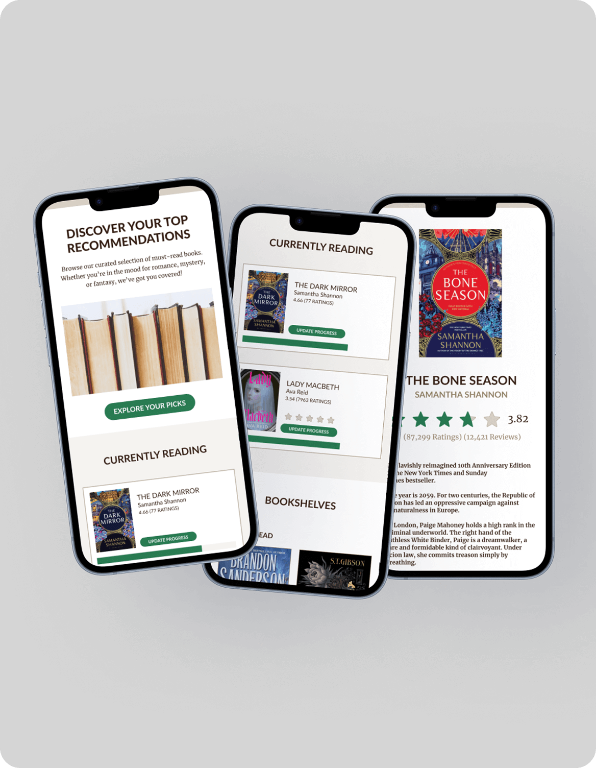 Three smartphones displaying a book recommendation app showing current reads, ratings, and a call to explore picks.