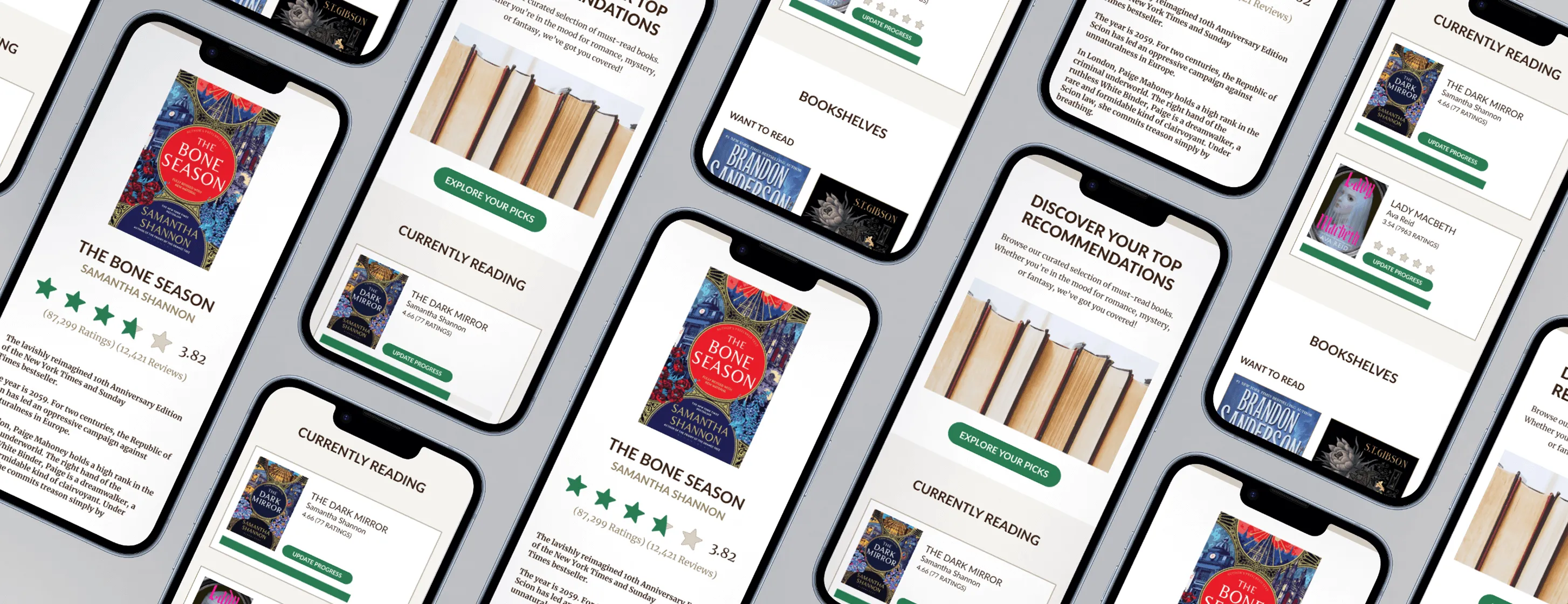 Collage of smartphones displaying a book app featuring 'The Bone Season' by Samantha Shannon, reading progress for 'The Dark Mirror' and 'Lady Macbeth,' and book recommendation sections.