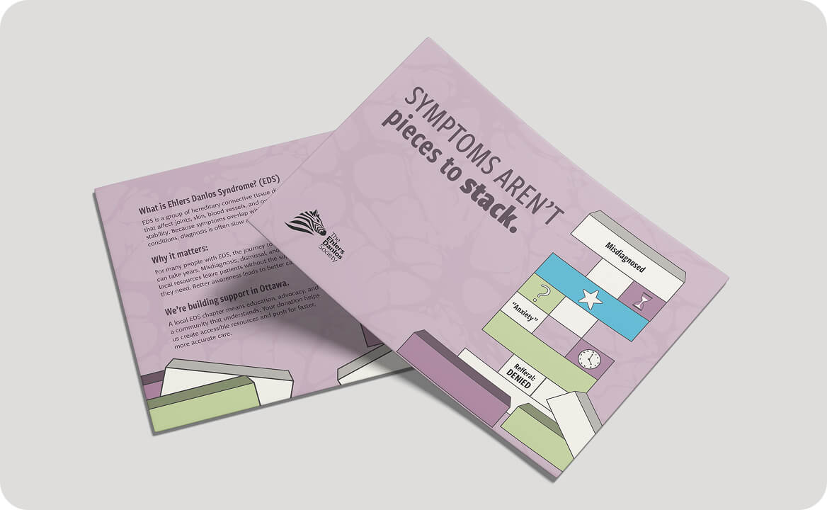 Awareness cards for Ehlers Danlos Syndrome showing a Jenga-style tower illustrating symptoms and challenges like misdiagnosis, anxiety, and denied referral.