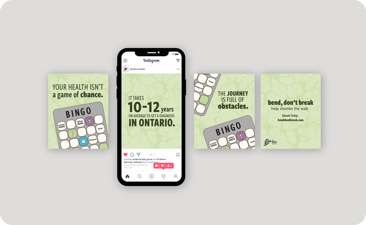 Instagram post mockup on a phone screen surrounded by health-themed bingo cards with text about diagnosis delays and obstacles in Ontario.