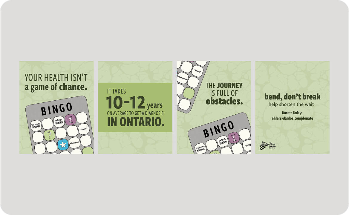 Four-panel graphic showing a BINGO card related to health diagnosis delays, stating it takes 10-12 years on average to get a diagnosis in Ontario, the journey is full of obstacles, and urging to donate.