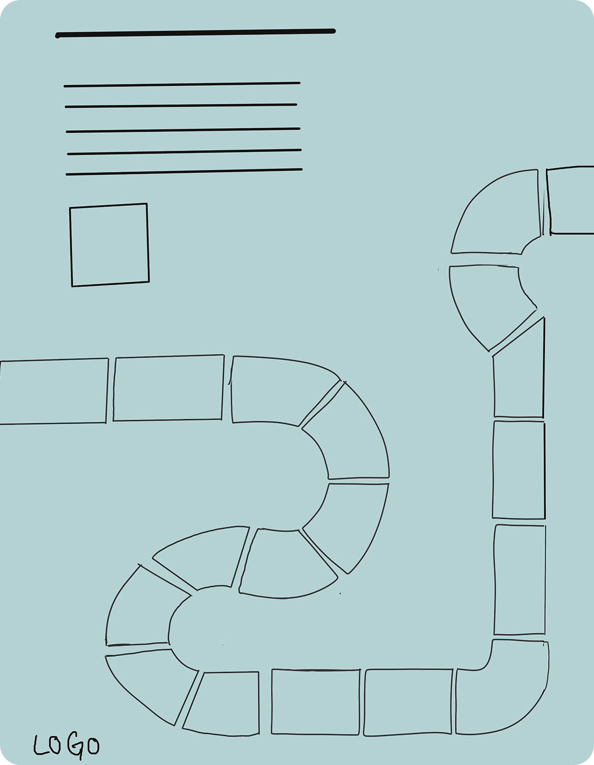 Sketch with various rectangular, curved, and circular shapes forming a winding path on a light blue background.