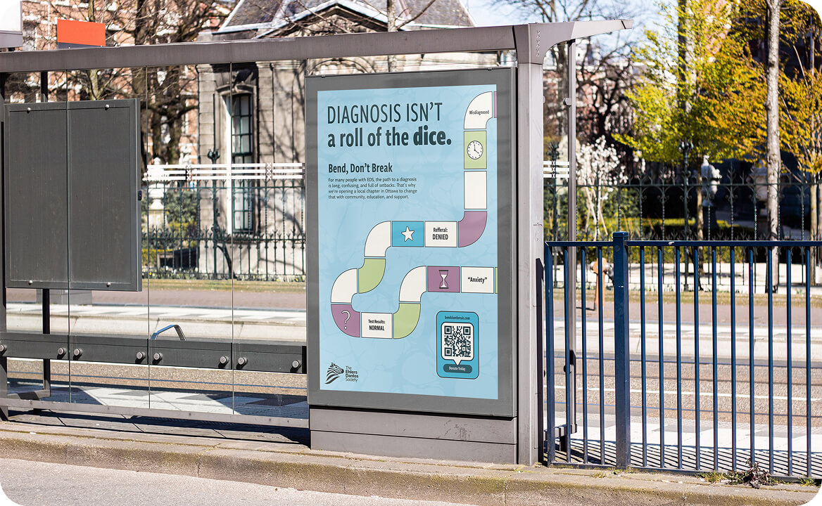 Bus stop poster with a board game style path illustrating challenges in diagnosis, stating "Diagnosis isn't a roll of the dice," promoting awareness for Ehlers Danlos Society.