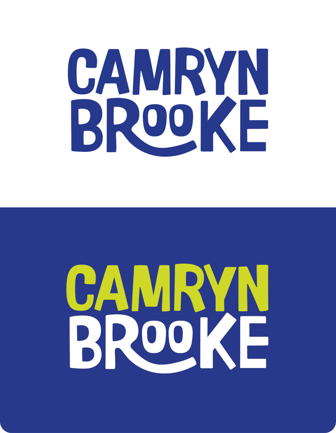 Two versions of the logo 'Camryn Brooke' in a bold, playful font; one in navy blue on a white background and the other with 'Camryn' in green and 'Brooke' in white on a navy blue background.