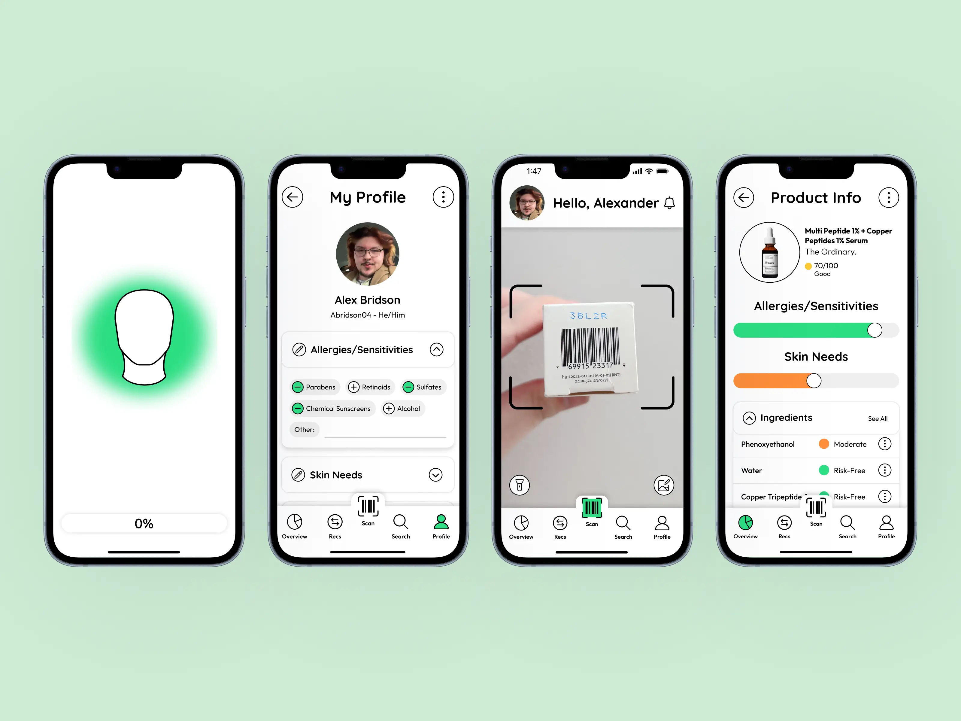 Four smartphone screens showing an app interface for skincare management including profile setup, barcode scanning of a product, and detailed product information with allergy and skin need indicators.