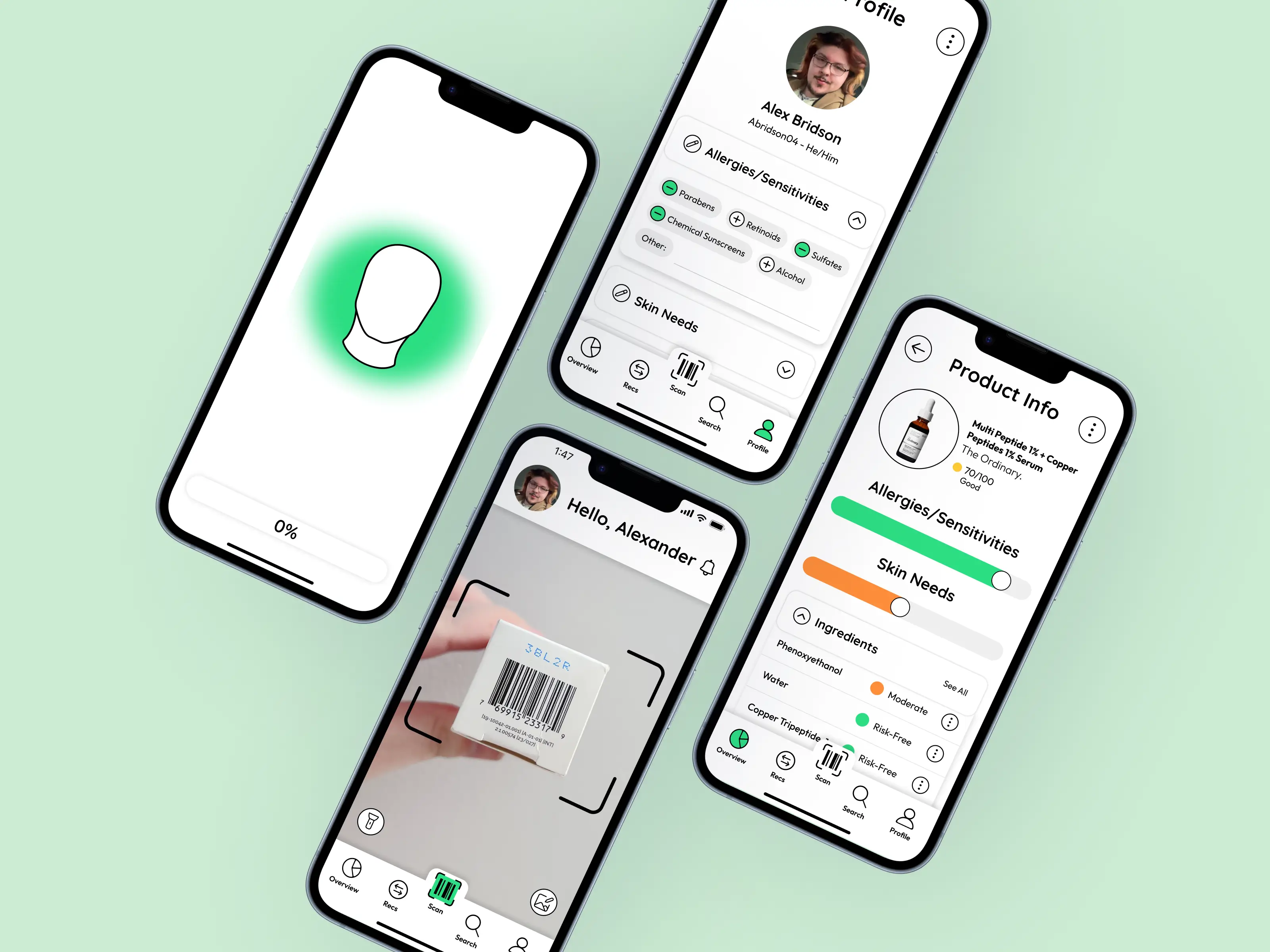 Four smartphones displaying a skincare app with product scanning, user profile, allergy info, and product details screens.