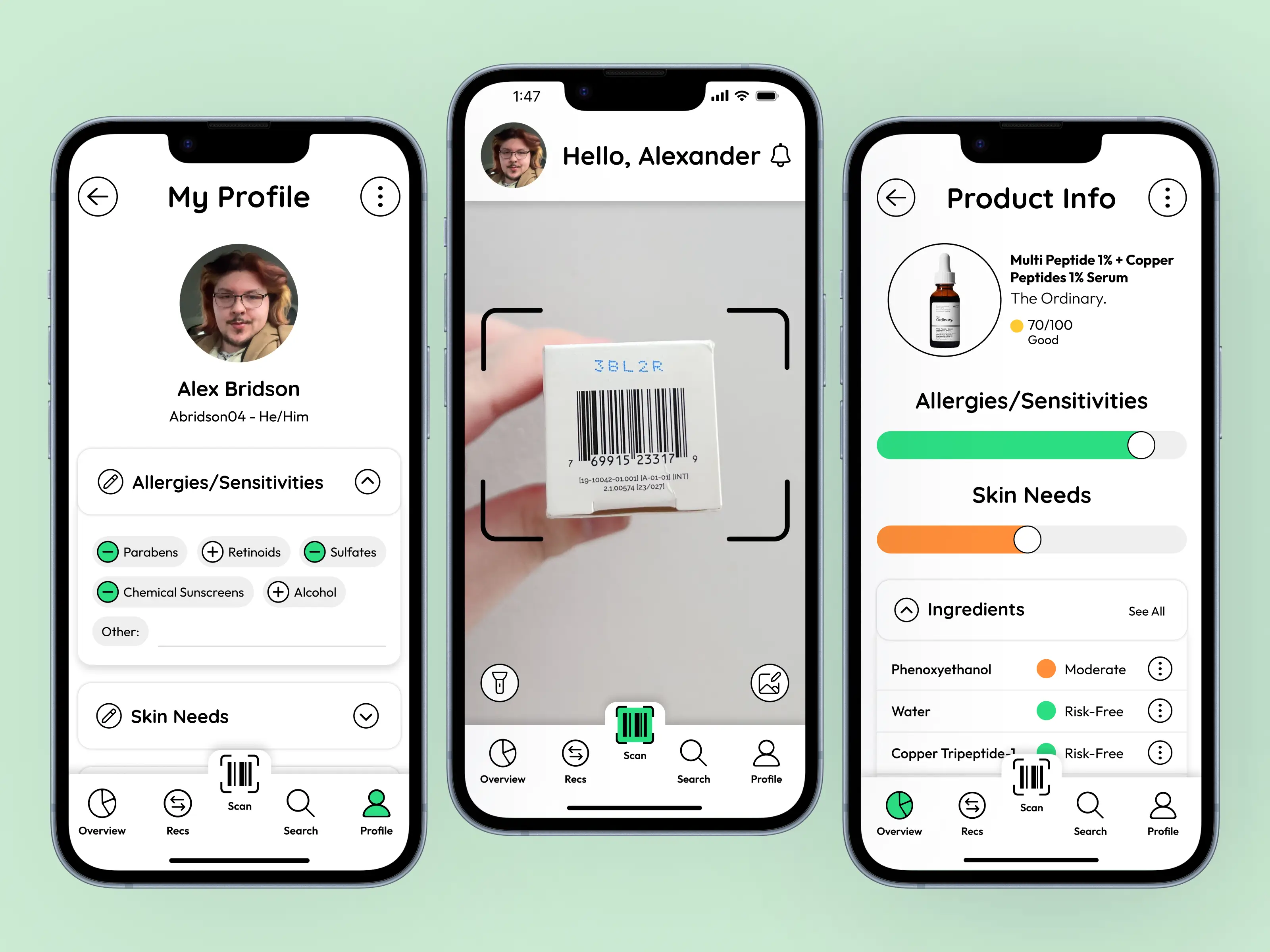 Three smartphone screens showing a skincare app: a profile page with user info and sensitivity preferences, a barcode scanner scanning a product box, and product details with ingredient risk levels.