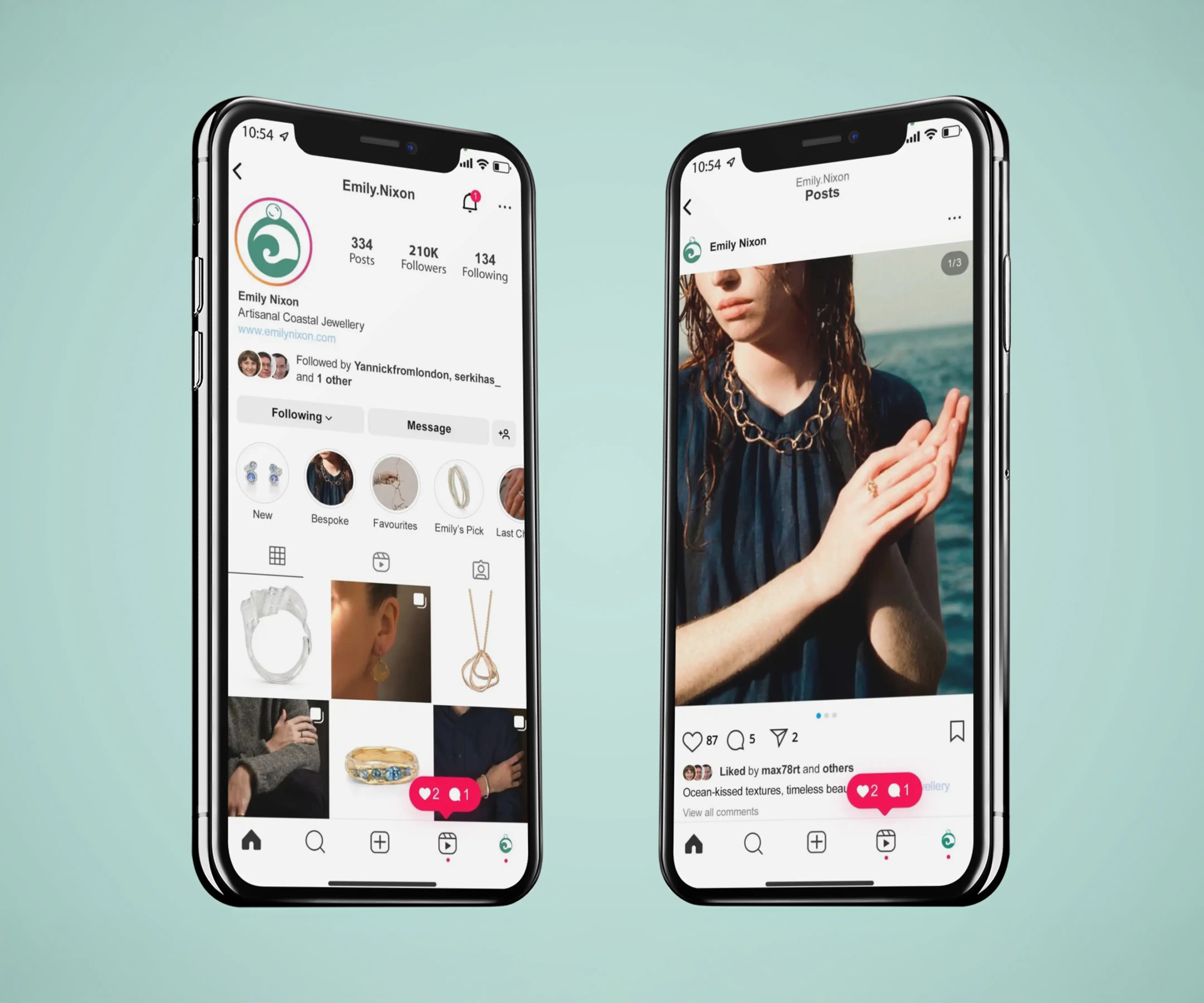 Two smartphones displaying Emily Nixon's Instagram profile and a post featuring a woman wearing coastal jewelry.