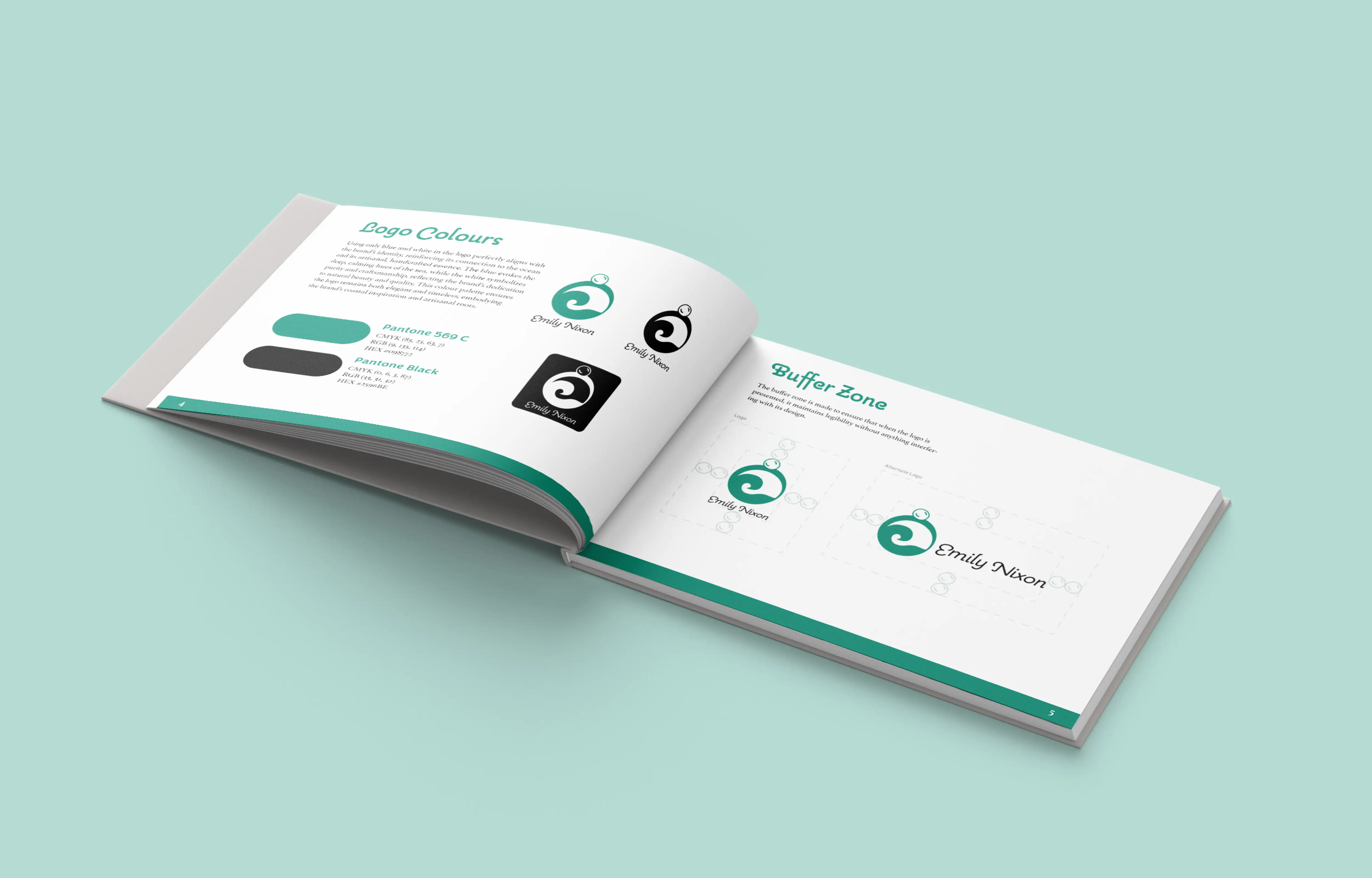 Open brand guideline booklet showing logo colors on the left page and buffer zone specifications on the right page.
