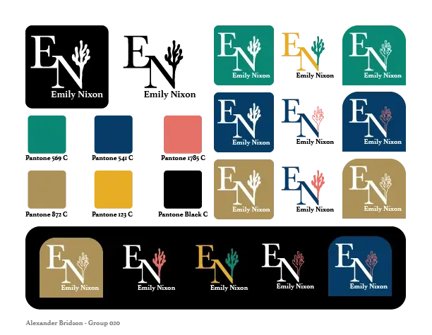 Grid showing multiple logo variations for 'Emily Nixon' featuring stylized 'EN' letters with a coral branch motif in different colors and backgrounds.
