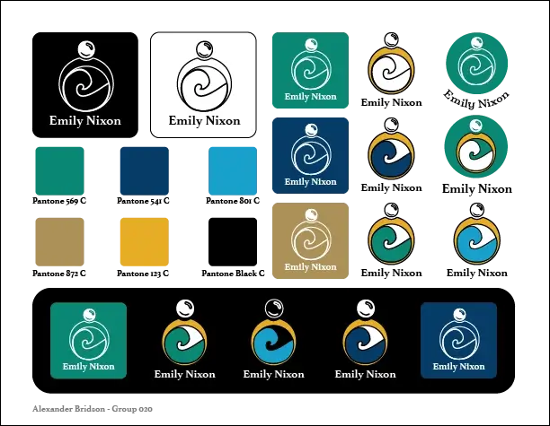 Brand logo variations for 'Emily Nixon,' featuring a stylized circular wave design with a small circle above, shown in multiple colors and backgrounds.