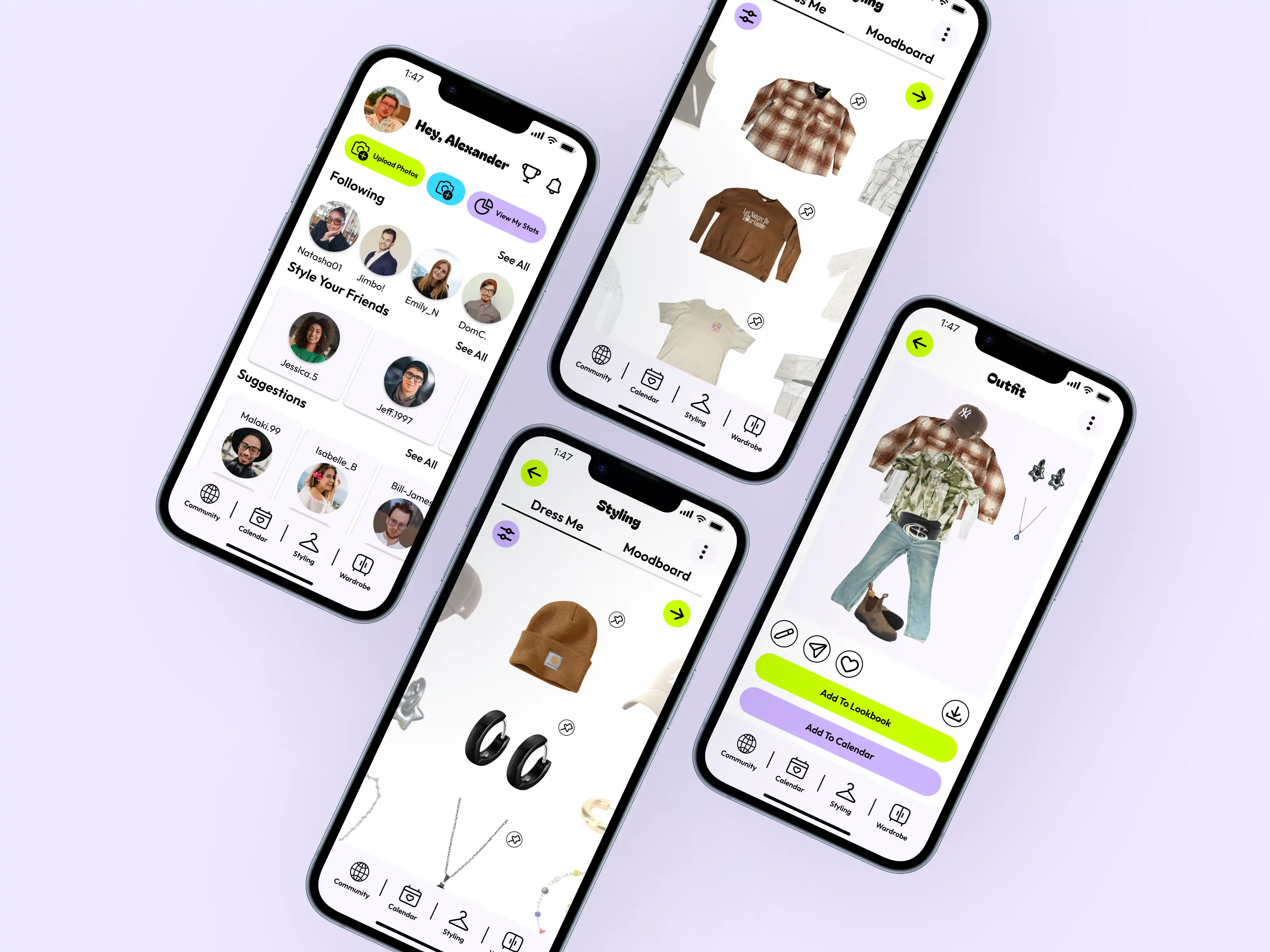 Four smartphones displaying a fashion app interface with user profile, clothing moodboard, styling options, and outfit creation.