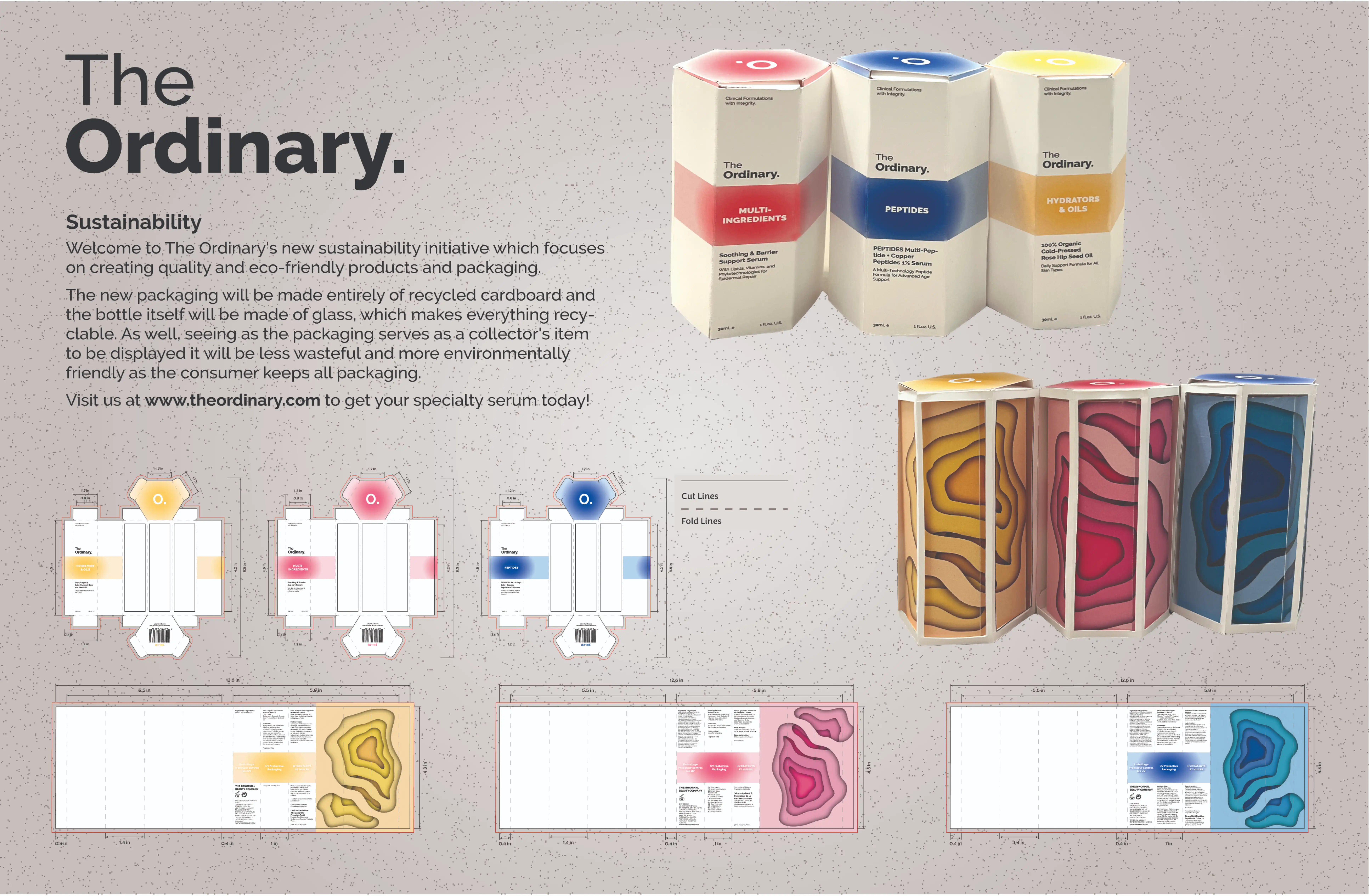 Packaging design and sustainability initiative for The Ordinary’s skincare serums, showing three eco-friendly cardboard boxes with red, blue, and yellow color themes, their unfolded templates, and assembled packaging with layered topographic patterns.