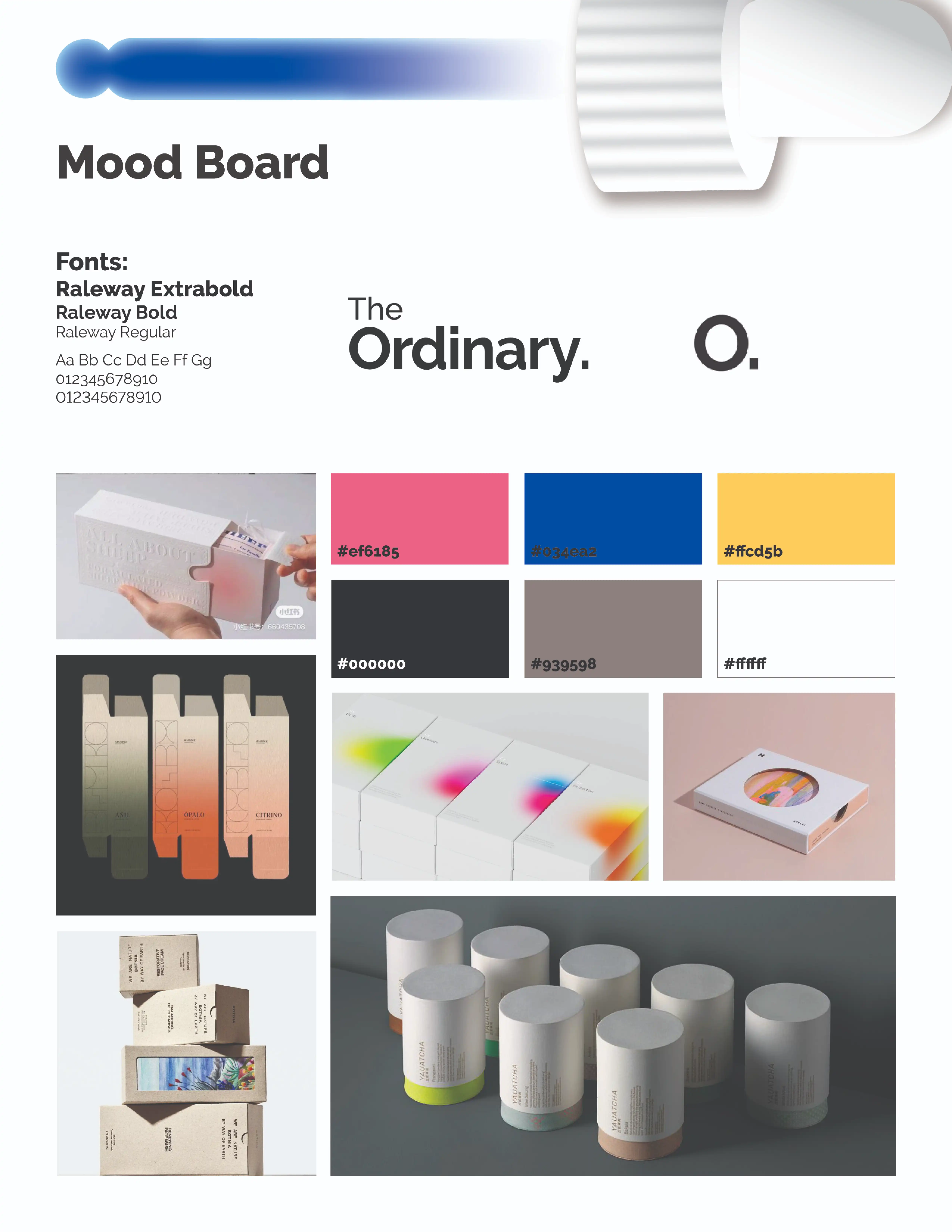 Mood board featuring fonts Raleway Extralight, Bold, and Regular; color swatches in pink, blue, yellow, black, gray, and white; and various minimalistic product packaging designs including boxes and cylindrical containers.