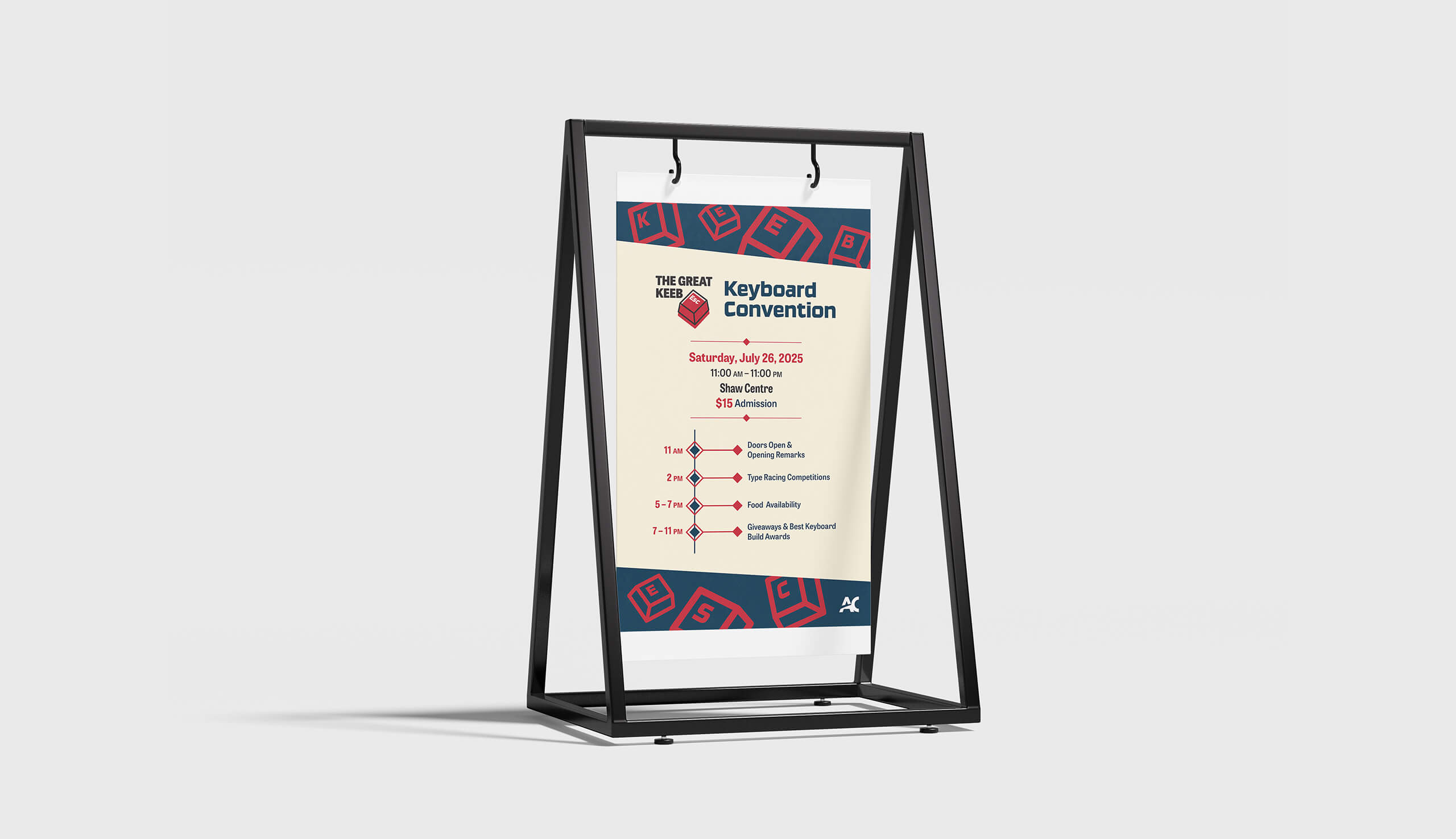 Poster displaying details for The Great Keeb Escape Keyboard Convention on July 26, 2025, with event schedule and admission price.