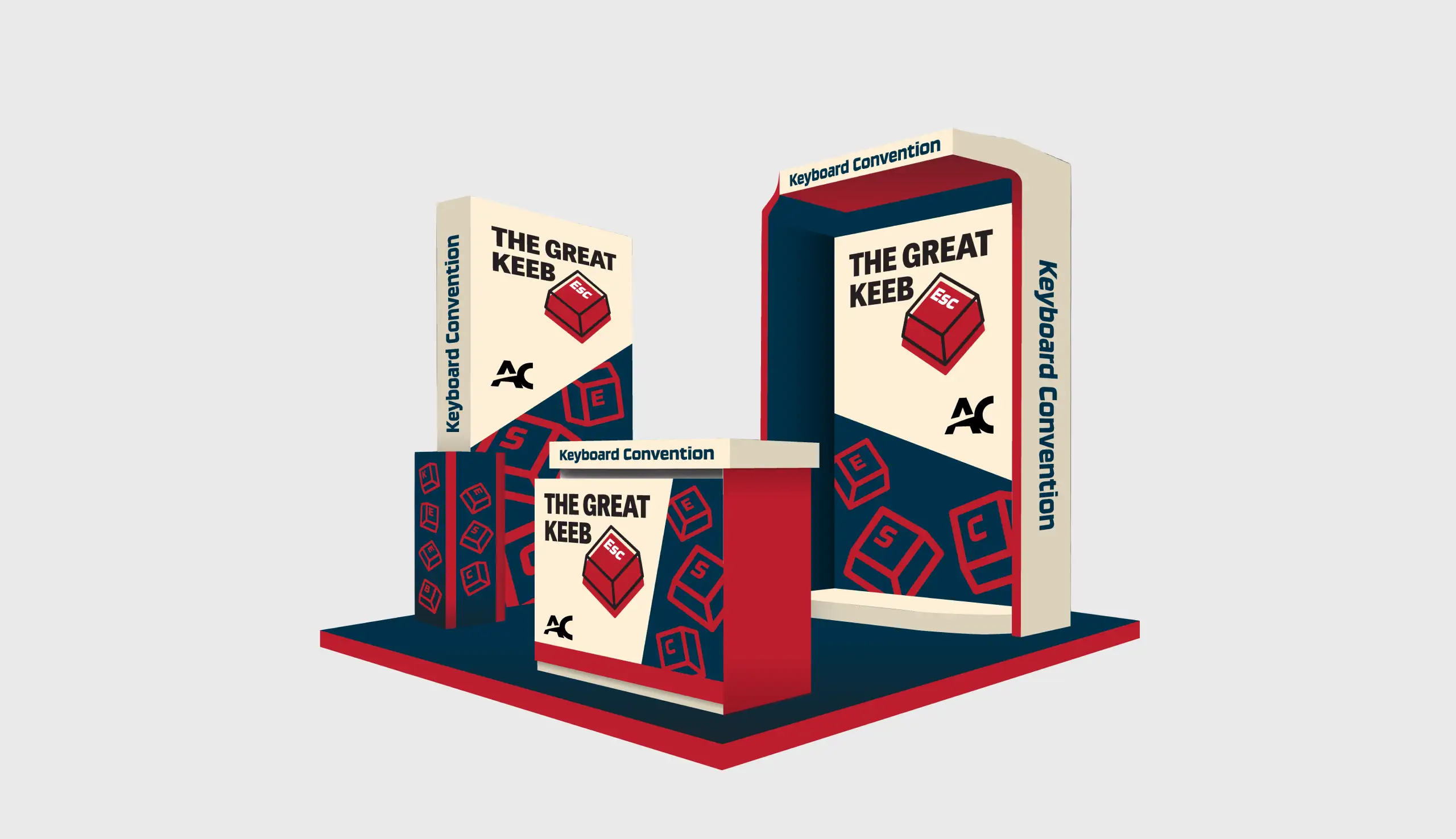 Exhibition booth design for Keyboard Convention featuring 'The Great Keeb Escape' branding with red escape key graphics on beige and navy blue panels.