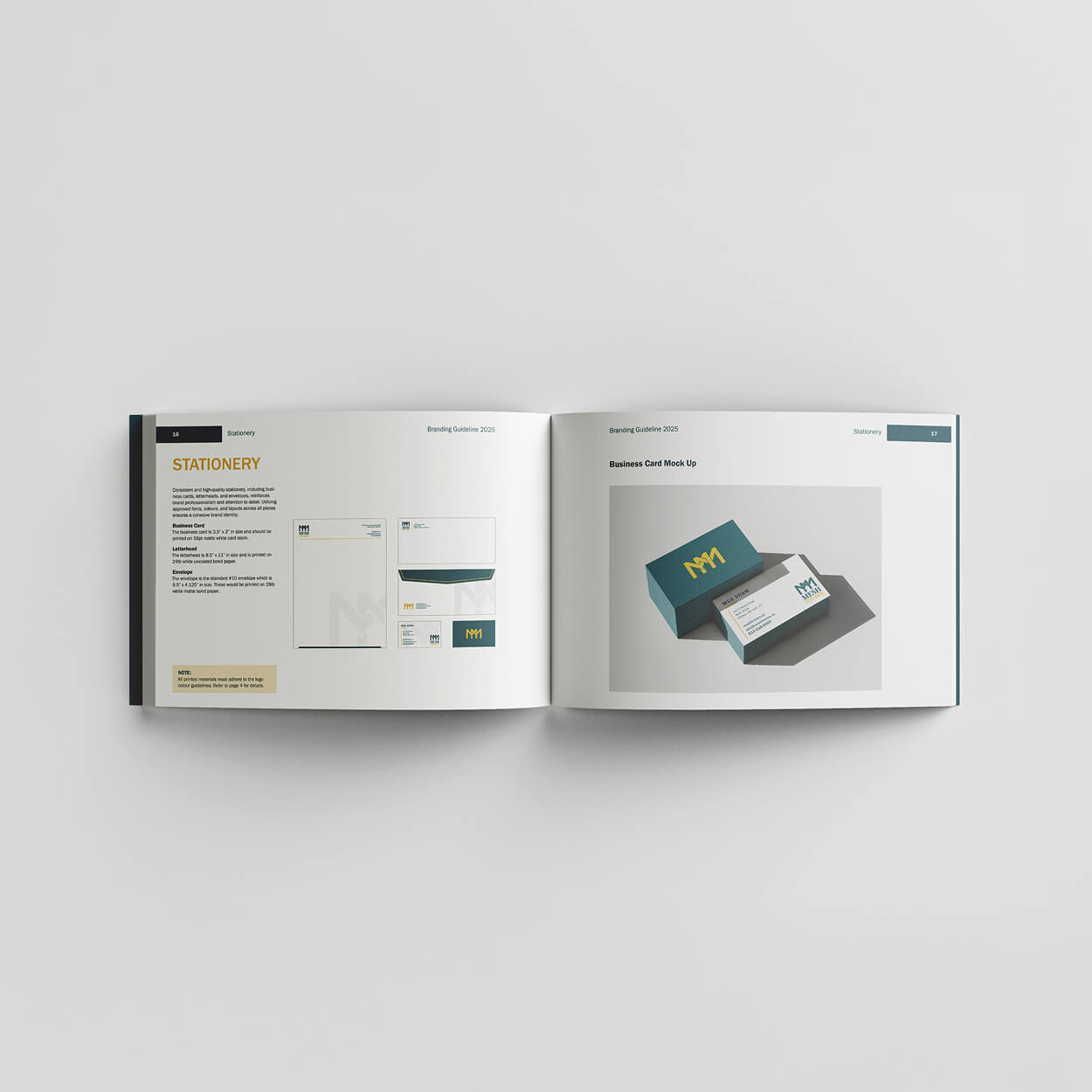 Open branding guideline booklet showing stationery designs, including business cards, letterhead, and envelope layouts with a teal and yellow colour scheme.