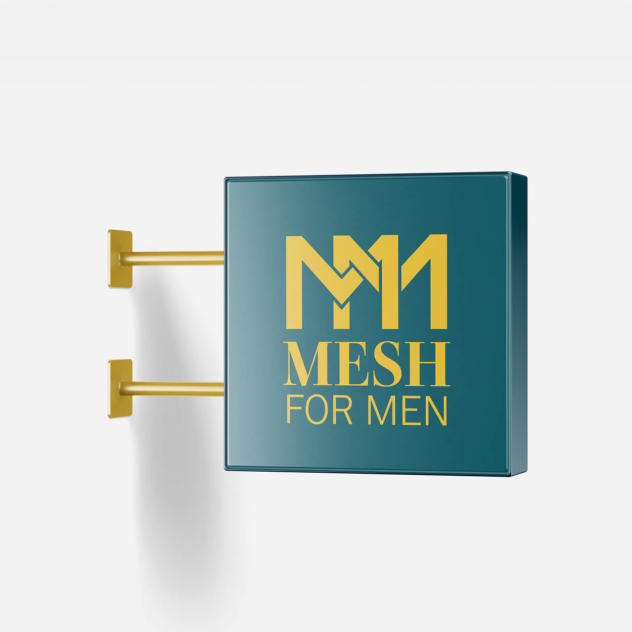 Square teal sign with yellow lettering and logo reading 'MESH FOR MEN' mounted with two gold brackets.