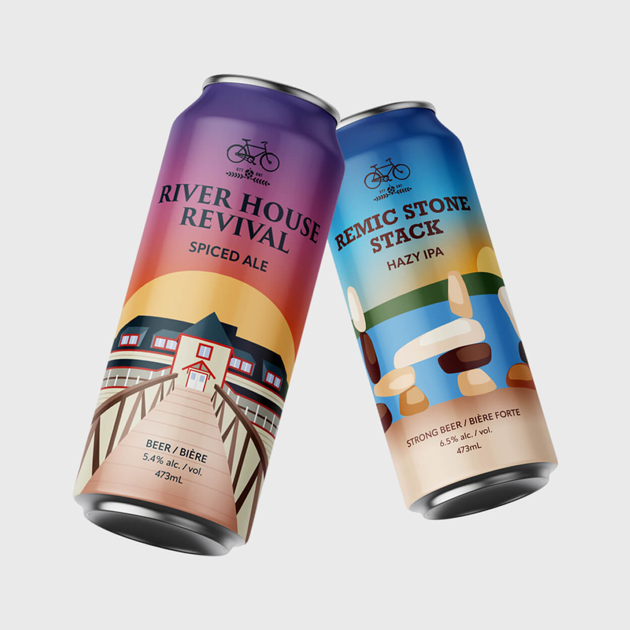 Two craft beer cans with colorful labels, one labeled River House Revival Spiced Ale and the other Remic Stone Stack Hazy IPA.