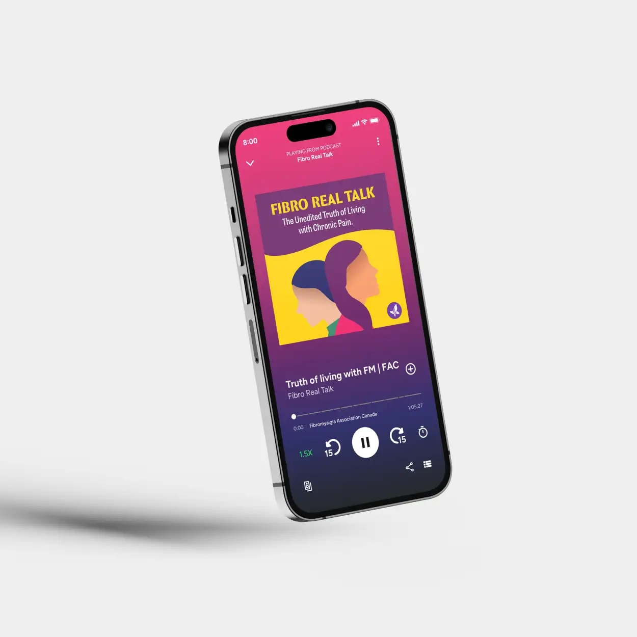 iPhone 16 Pro screen showing a podcast titled 'Fibro Real Talk' about living with chronic pain, with illustrated profile silhouettes and playback controls.