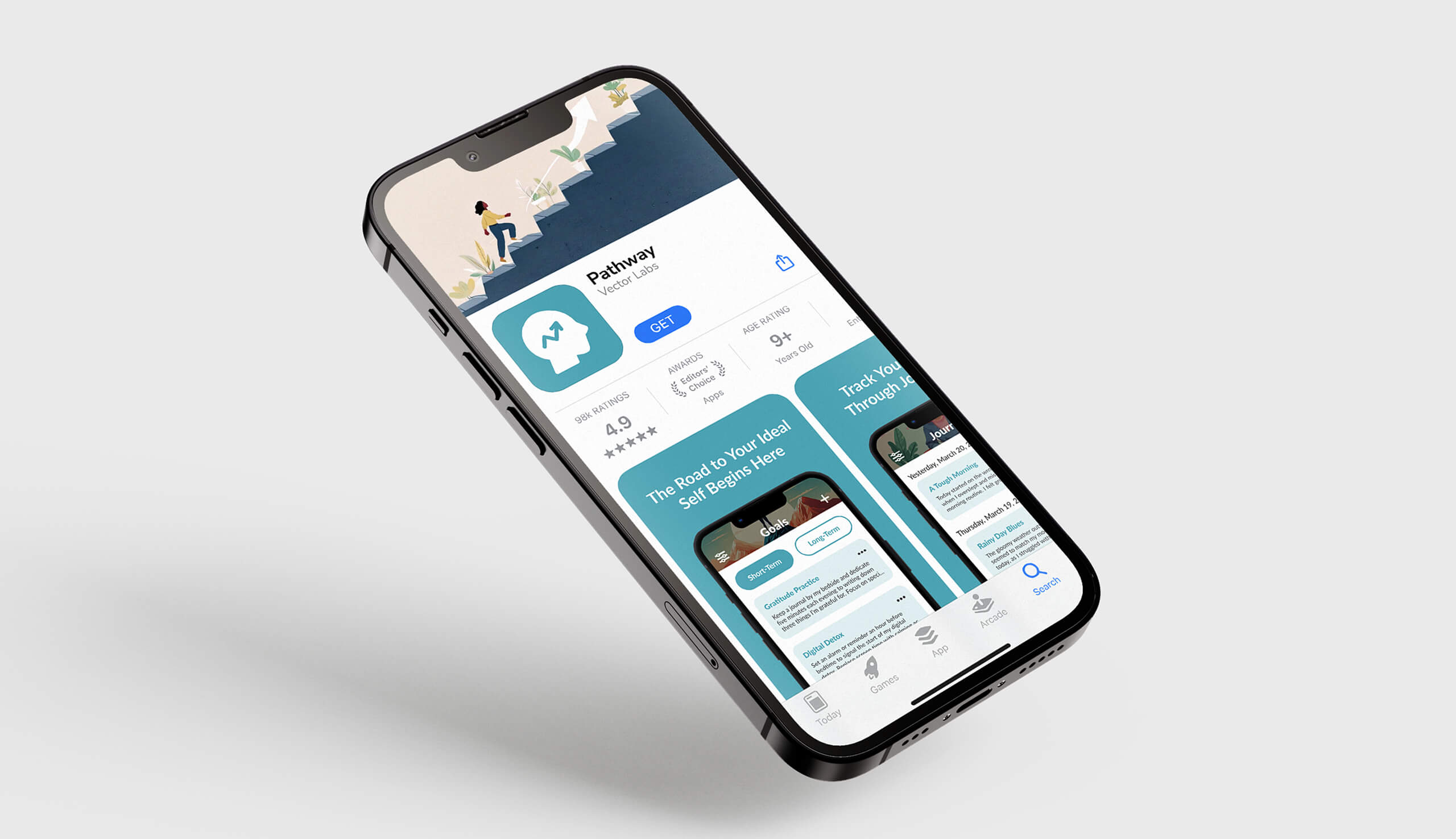 Smartphone displaying the Pathway app page on an app store, showcasing app icon, rating, and screenshots of goal-setting features.