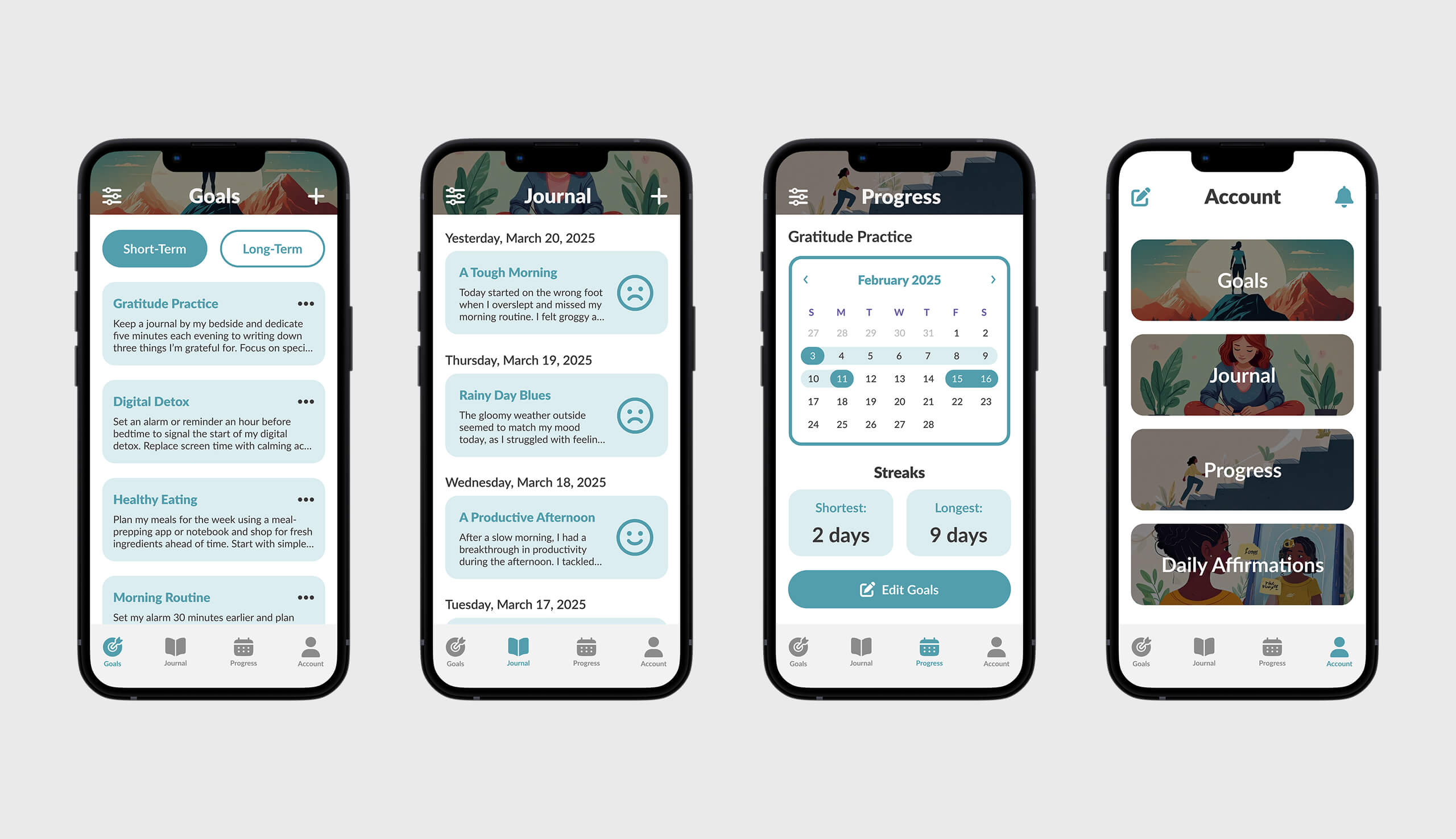 Four smartphone screens showing a wellness app with Goals, Journal entries, Progress calendar tracking gratitude practice, and Account menu with navigation icons.