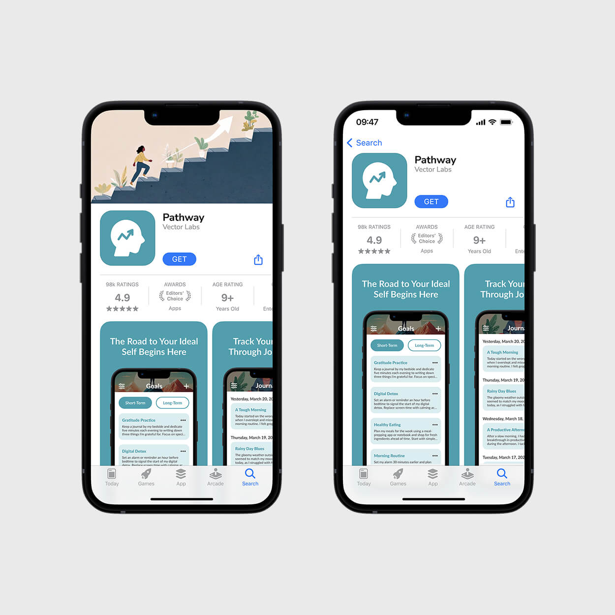 Two smartphones displaying the Pathway app page with 4.9 star rating, app icon, Get button, and screenshots of goal and journal tracking features.
