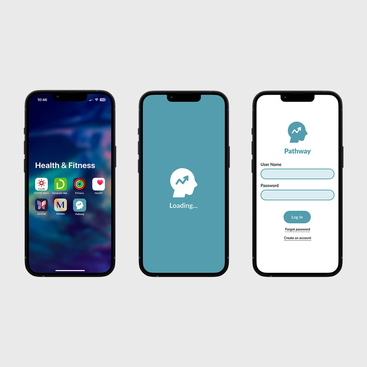 Three iPhones side by side showing an app theme: first with a Health & Fitness app folder, second a teal screen with a white head icon and 'Loading...', third a login screen for Pathway app with username and password fields.