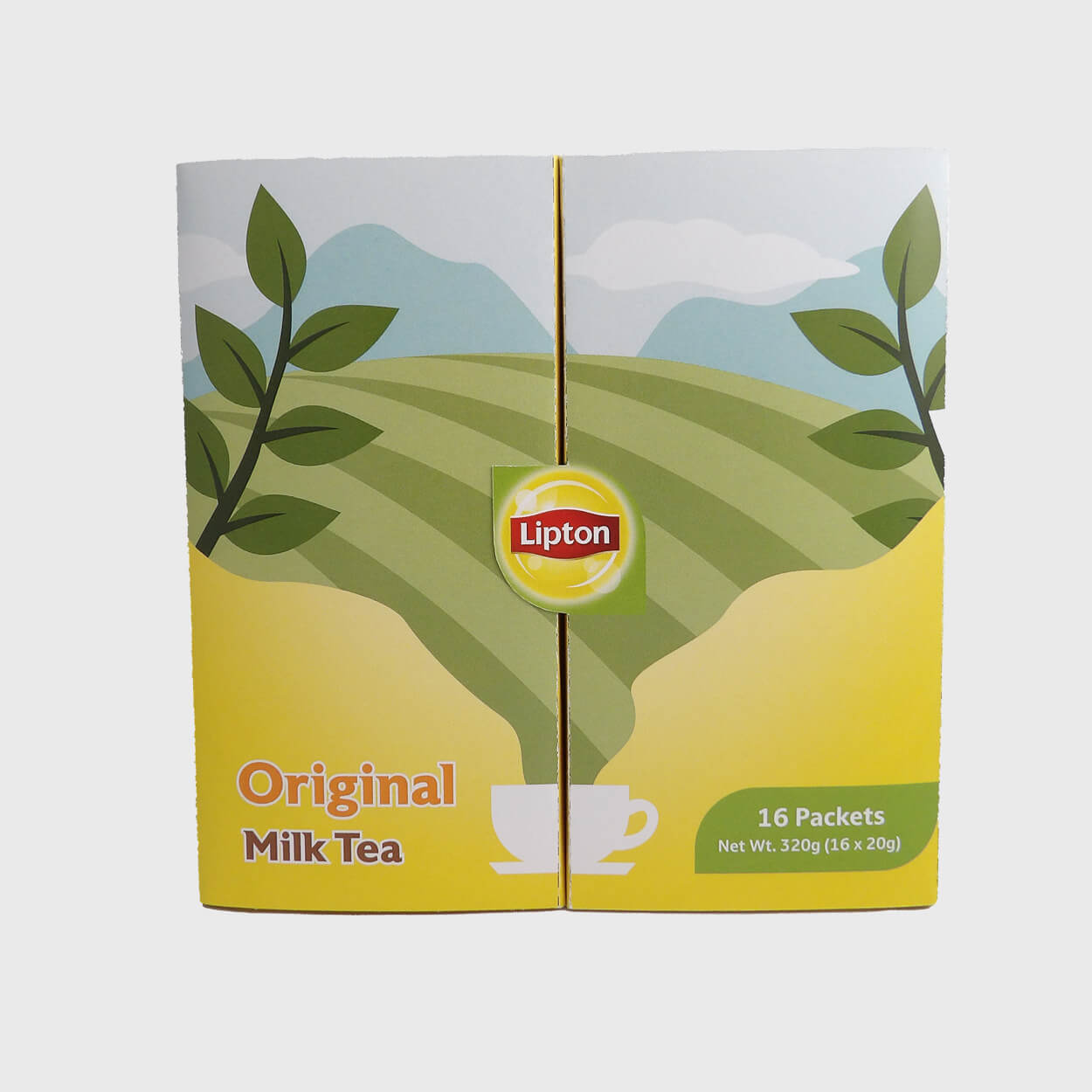 Lipton Original Milk Tea box with 16 packets, featuring a green tea field illustration and a white tea cup icon.