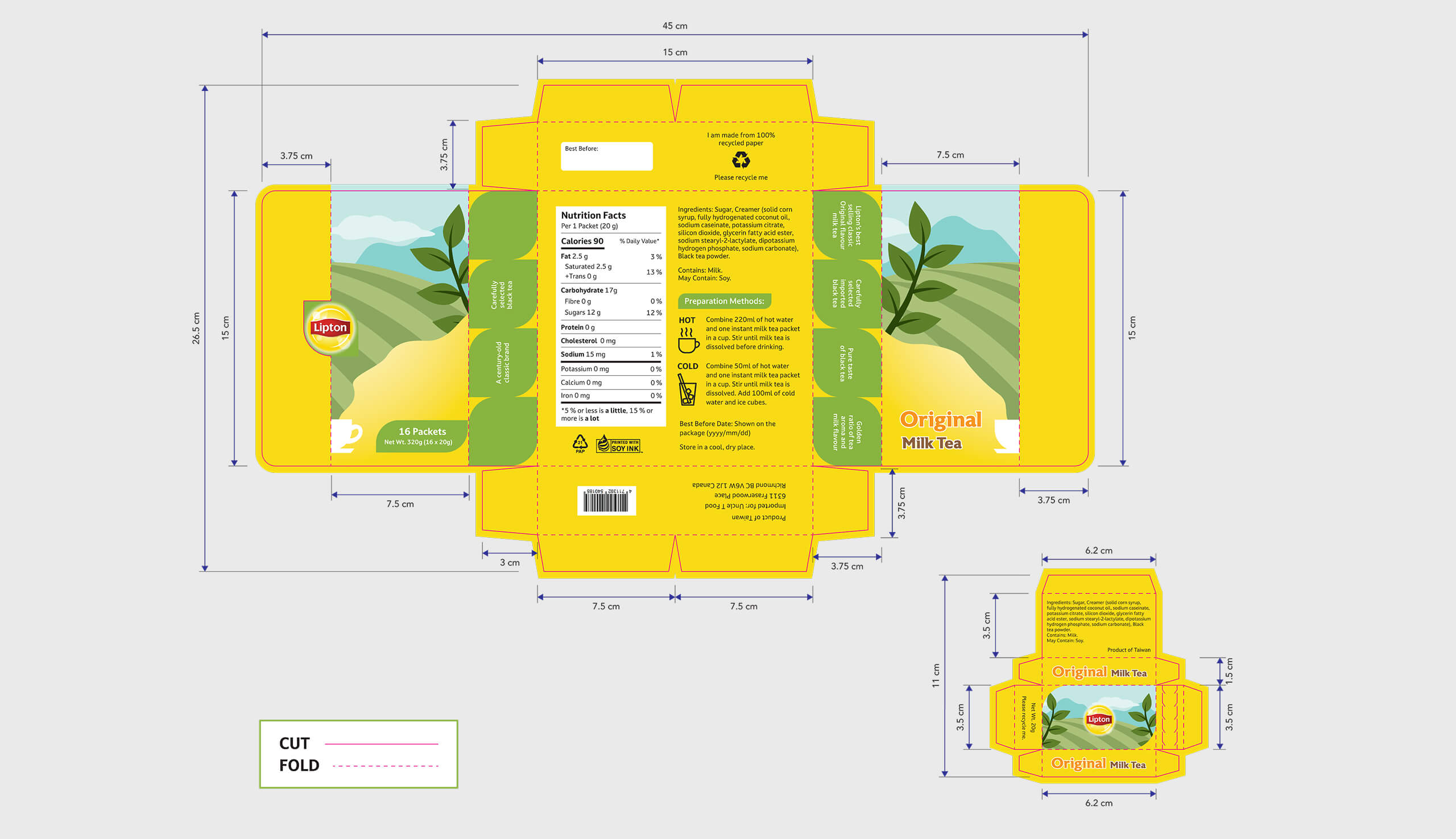 Flat die-cut template with measurements for Lipton Original Milk Tea packaging showing nutrition facts, preparation methods, and recycling info.