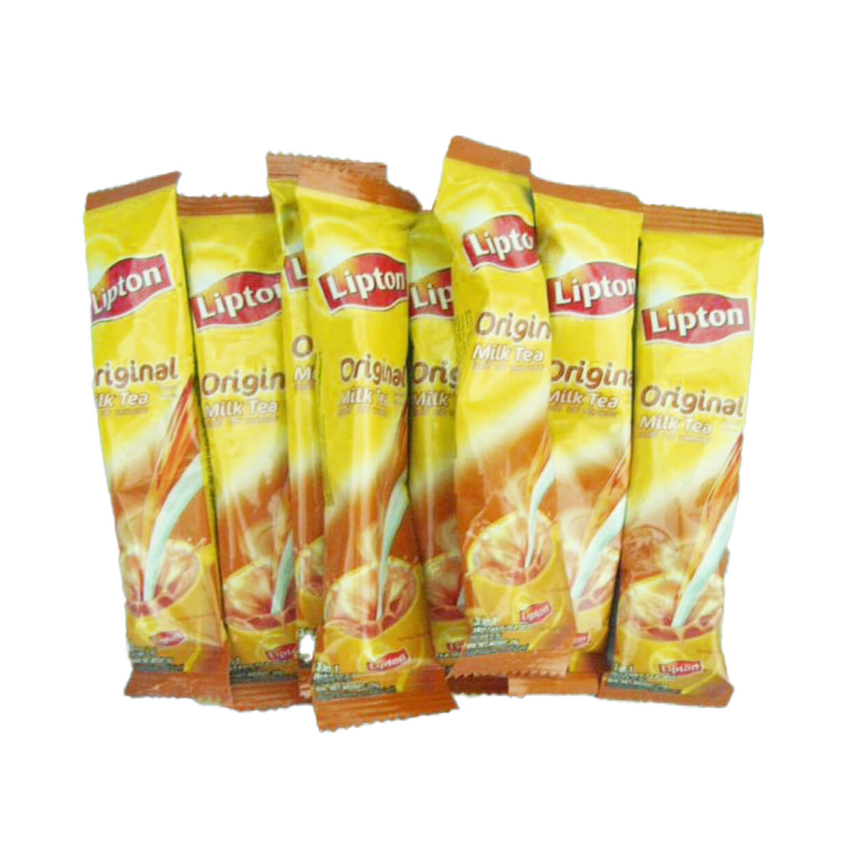 Seven yellow packets of Lipton Original Milk Tea sticks arranged side by side.
