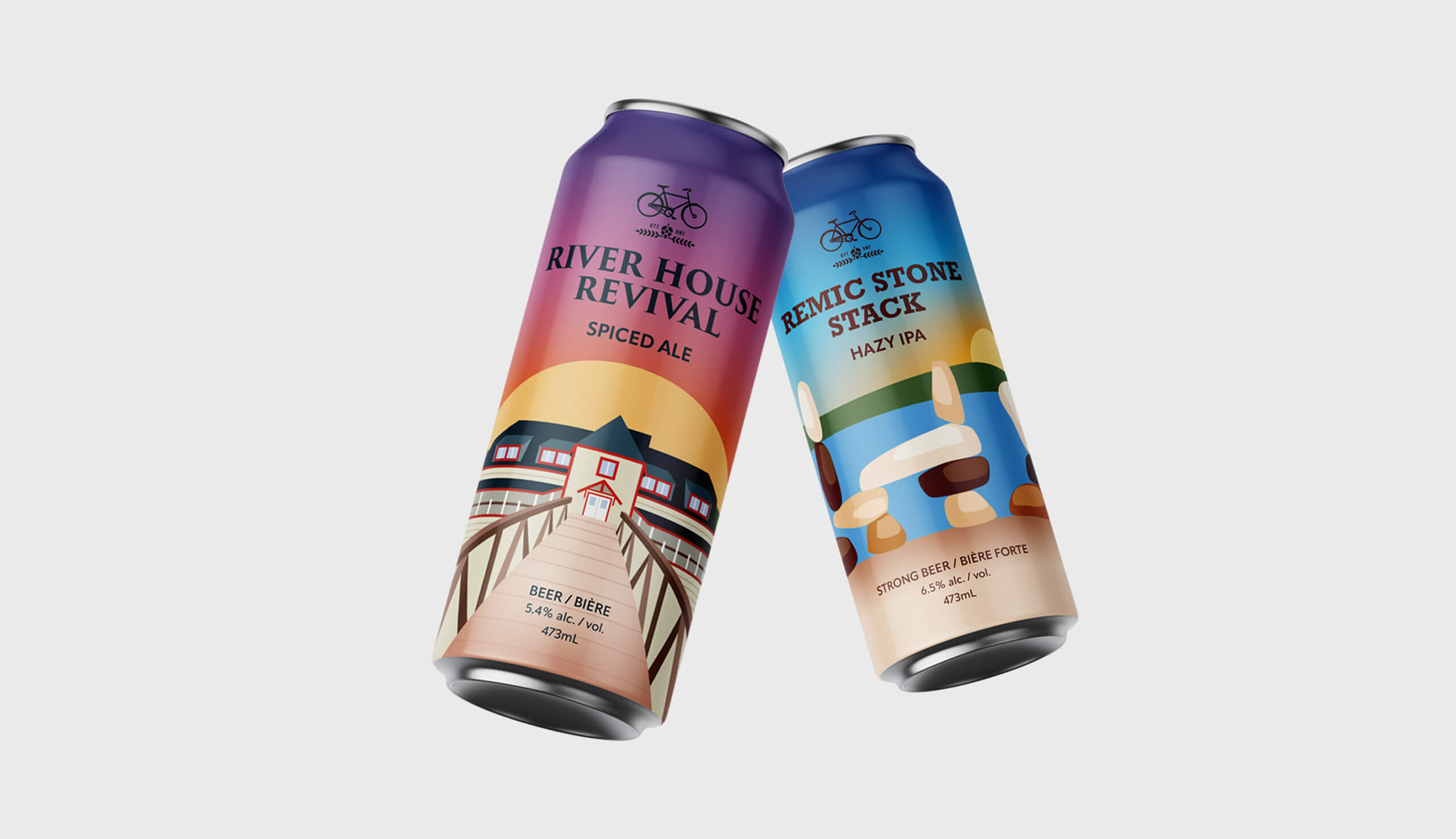 Two craft beer cans, one labeled River House Revival Spiced Ale with a house and bridge illustration, the other Remic Stone Stack Hazy IPA with a blue sky and stone structure design.